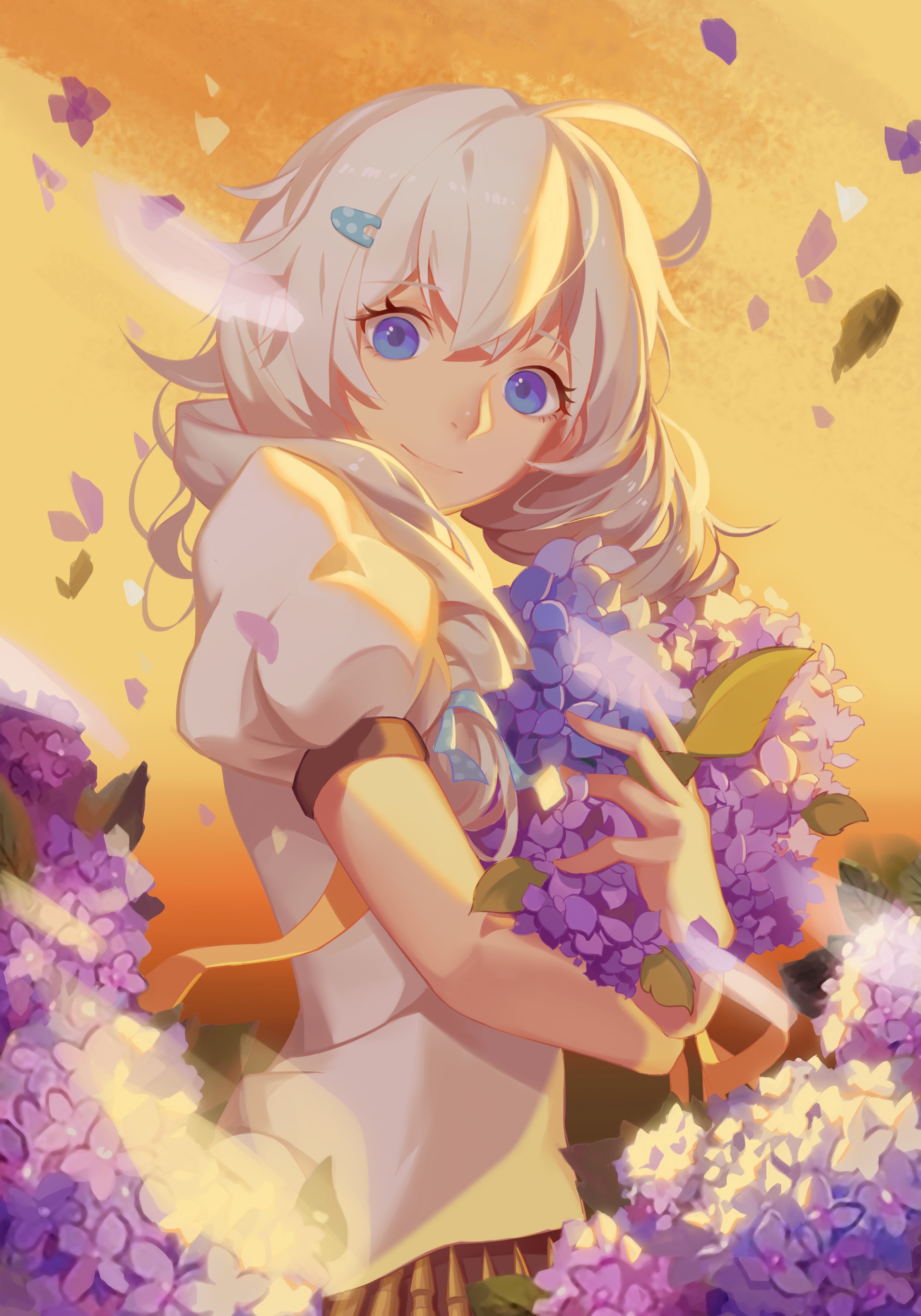 Anime girl with white hair holding lilacs HD Phone Wallpaper