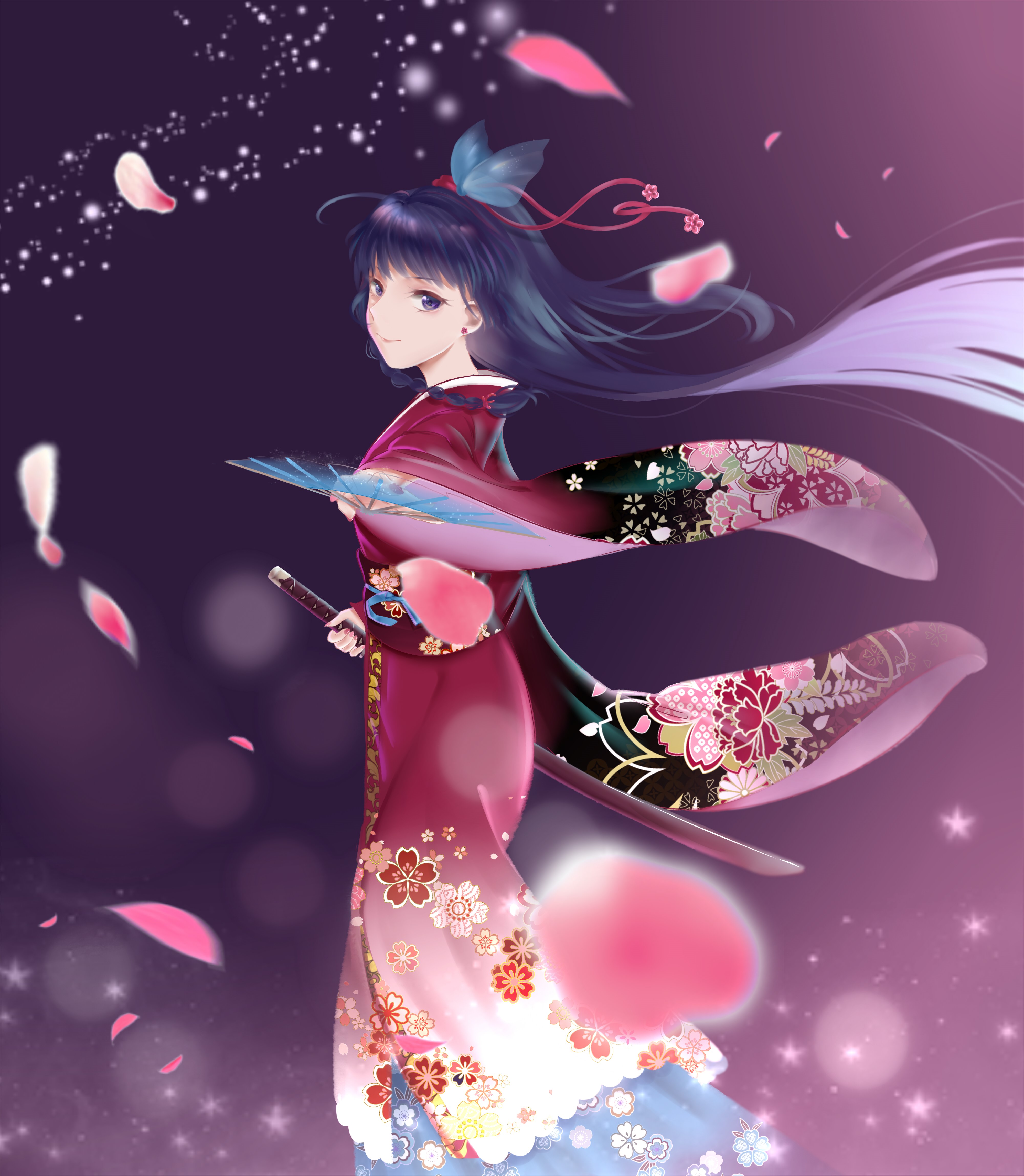 Anime girl in kimono with sword and fan HD Phone Wallpaper