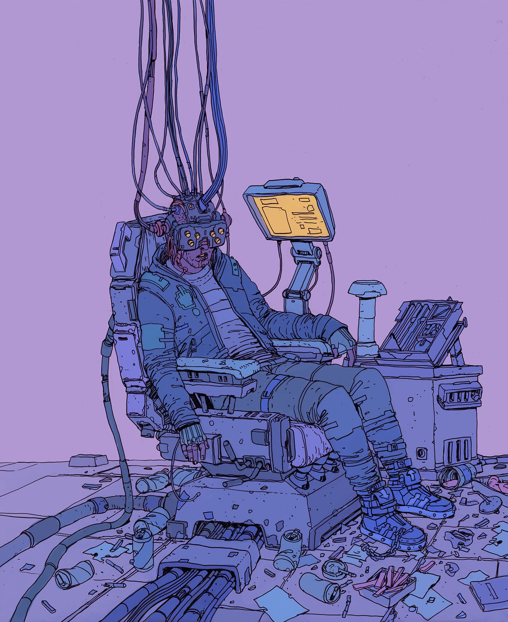 Person in VR headset connected to futuristic chair HD Phone Wallpaper