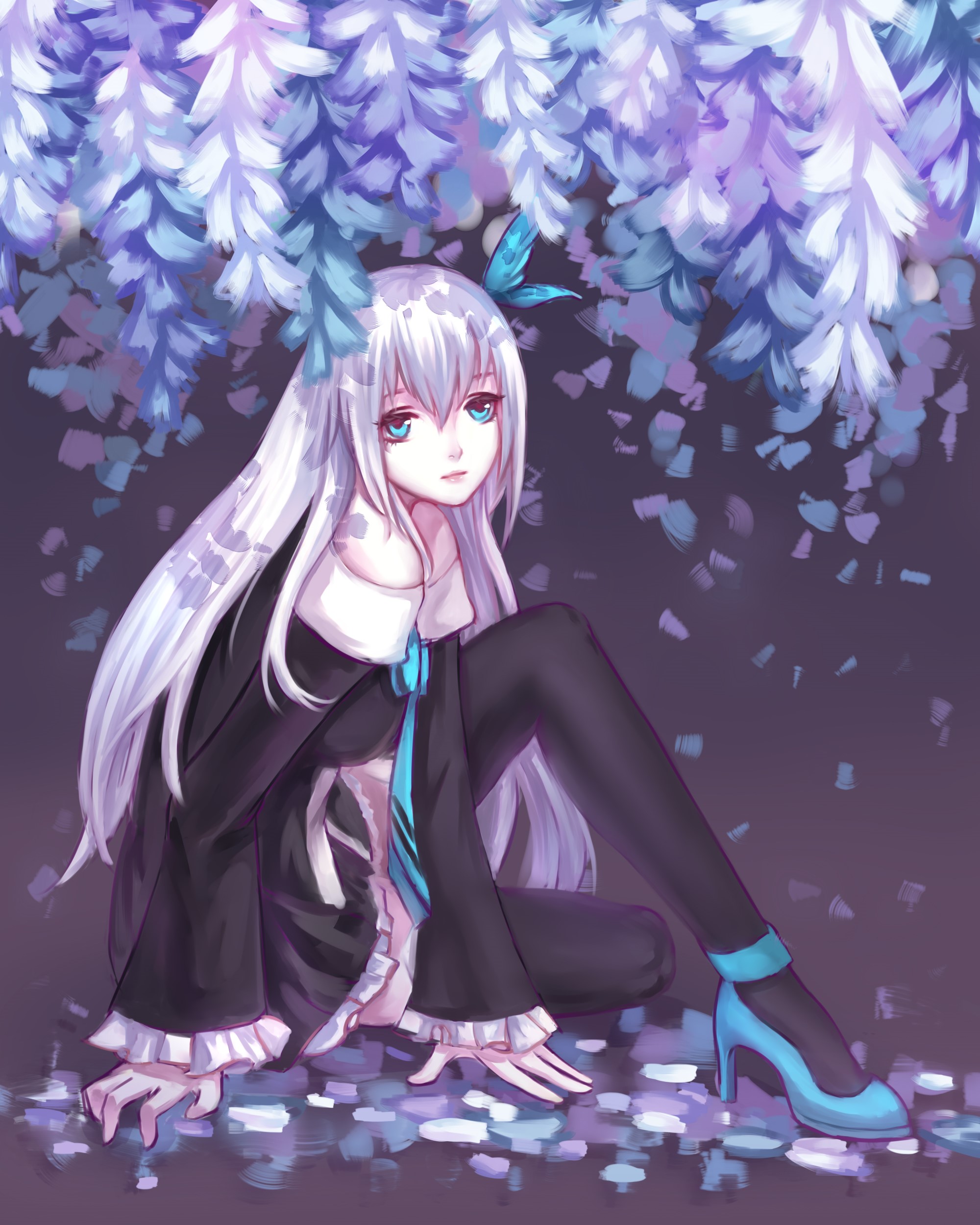 Anime girl with long white hair under wisteria HD Phone Wallpaper