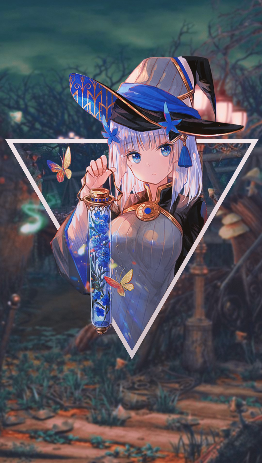 Anime girl in witch hat holding a lantern HD Phone Wallpaper