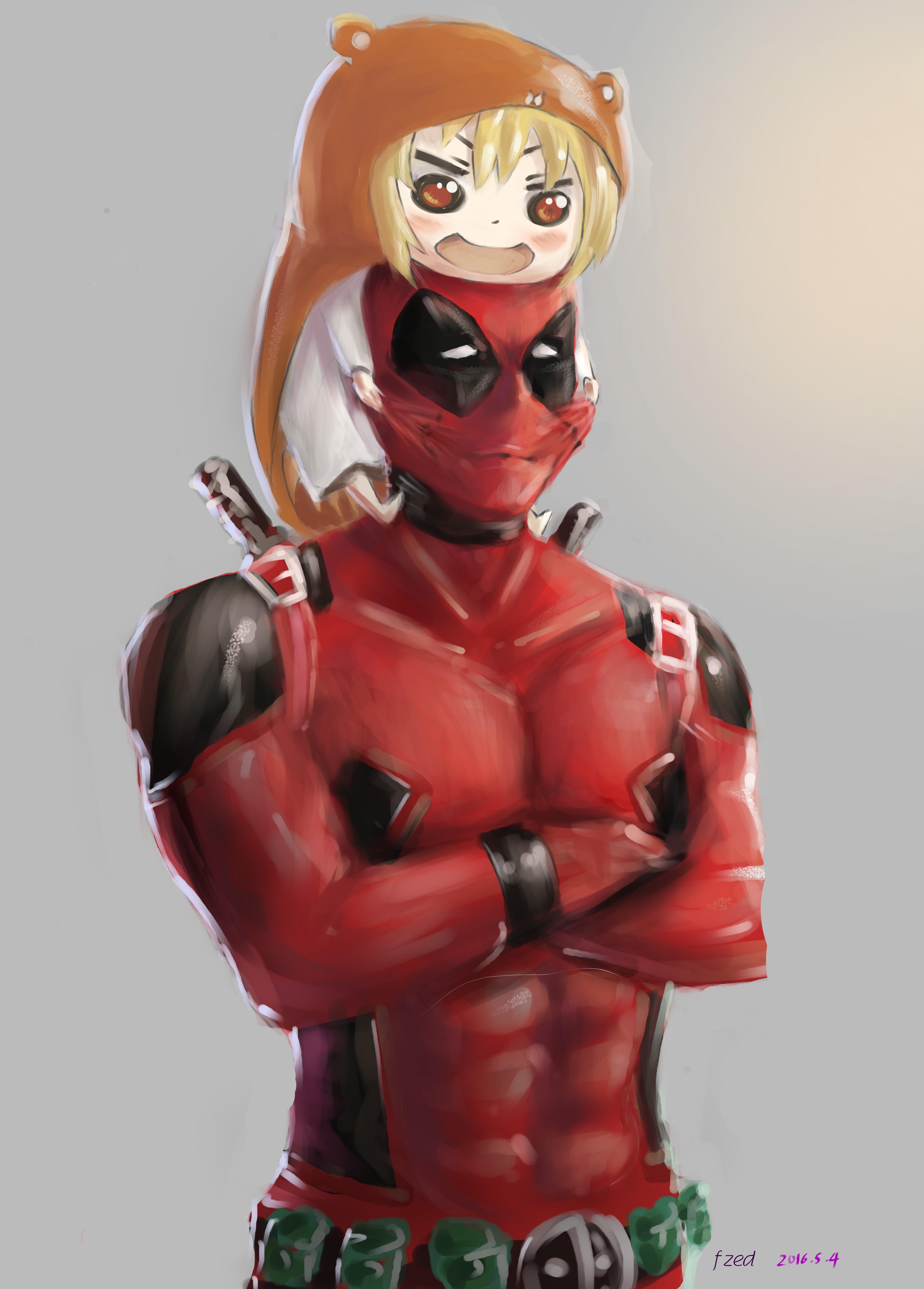 Deadpool with Umaru-chan on his head HD Phone Wallpaper