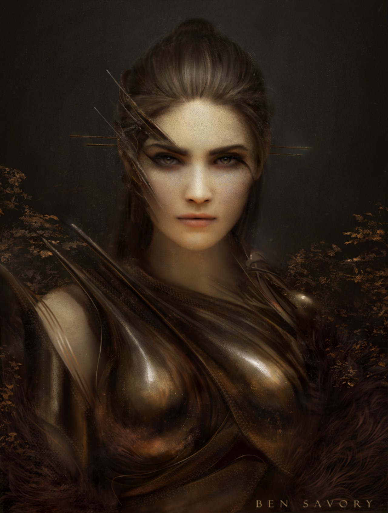 Fantasy woman in metallic armor looking at viewer HD Phone Wallpaper