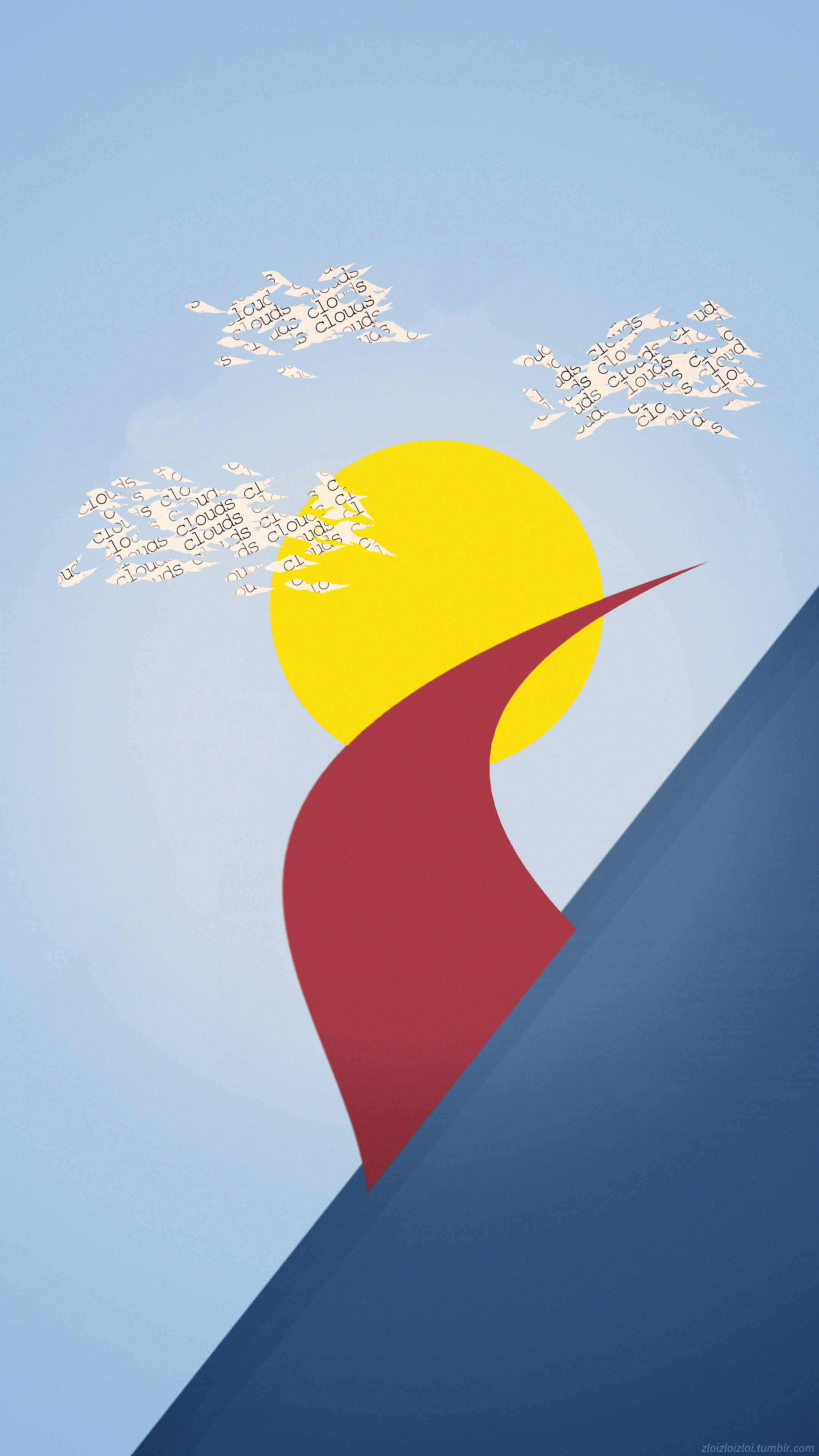 Abstract sun and clouds over blue and red shapes HD Phone Wallpaper