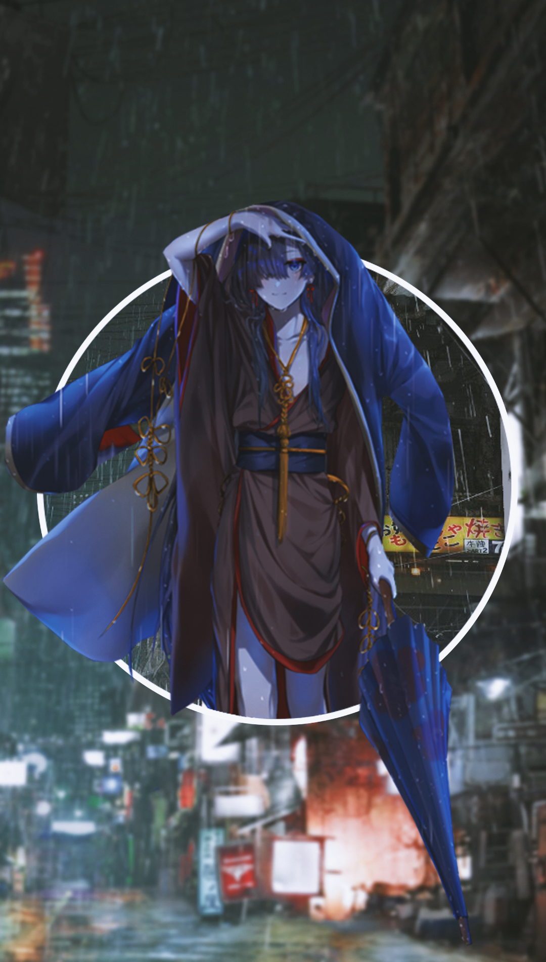 Anime character in a blue robe holding an umbrella HD Phone Wallpaper