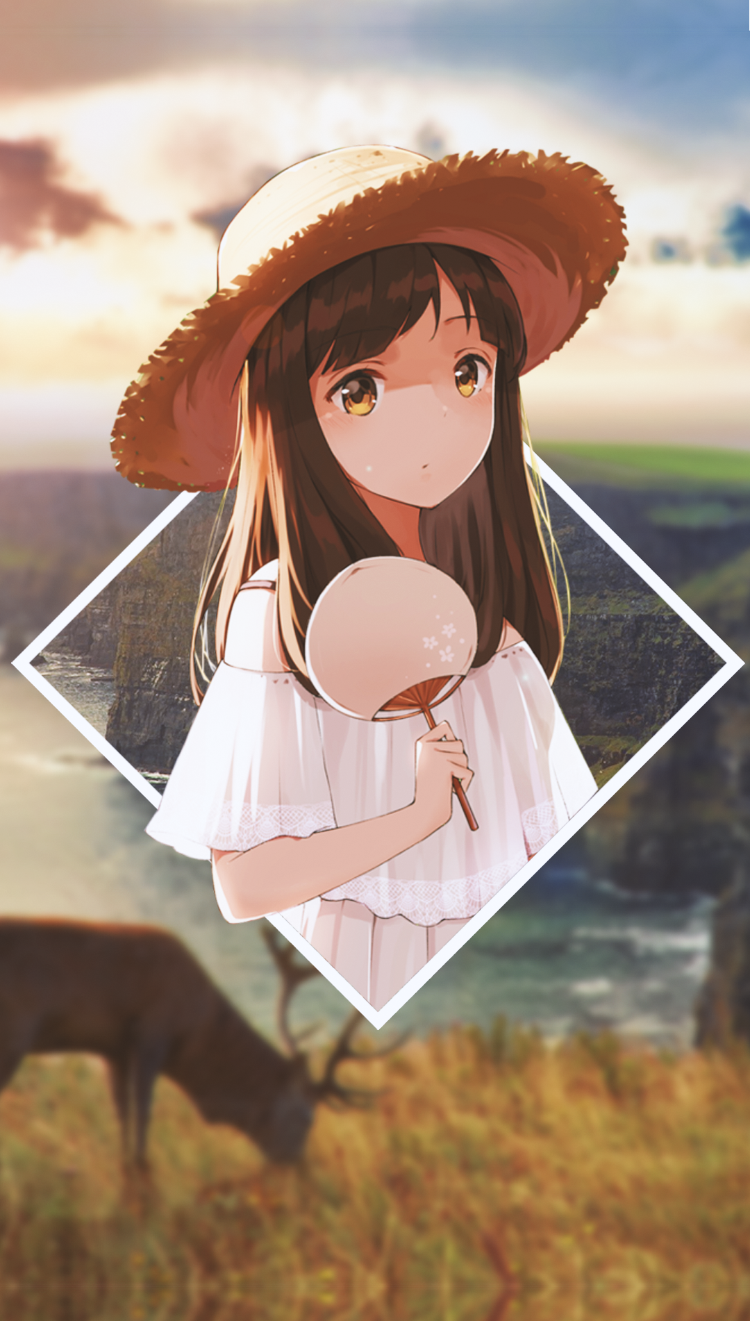 Anime girl with straw hat and fan in front of landscape HD Phone Wallpaper