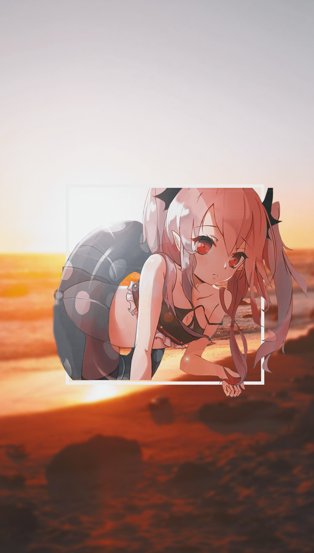 Anime girl with red eyes and pink hair on a beach HD Phone Wallpaper