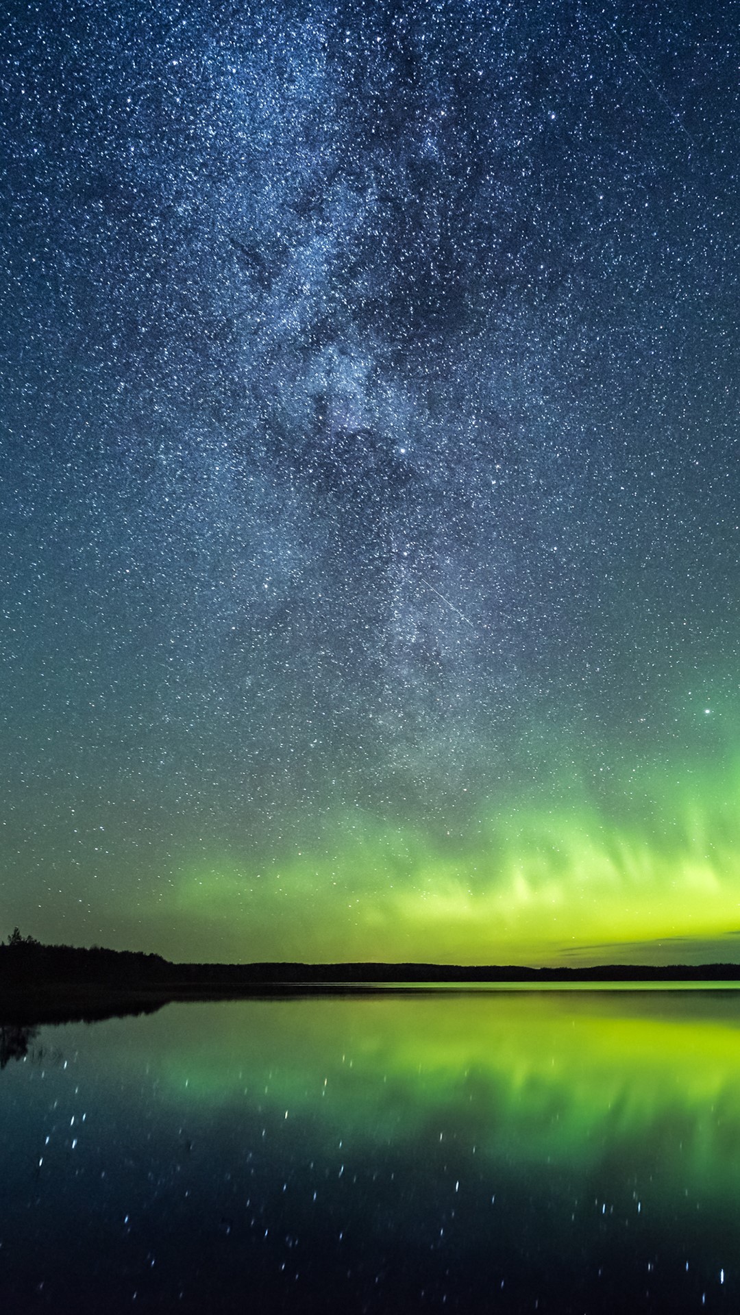 Milky Way and Aurora Borealis over a lake HD Phone Wallpaper