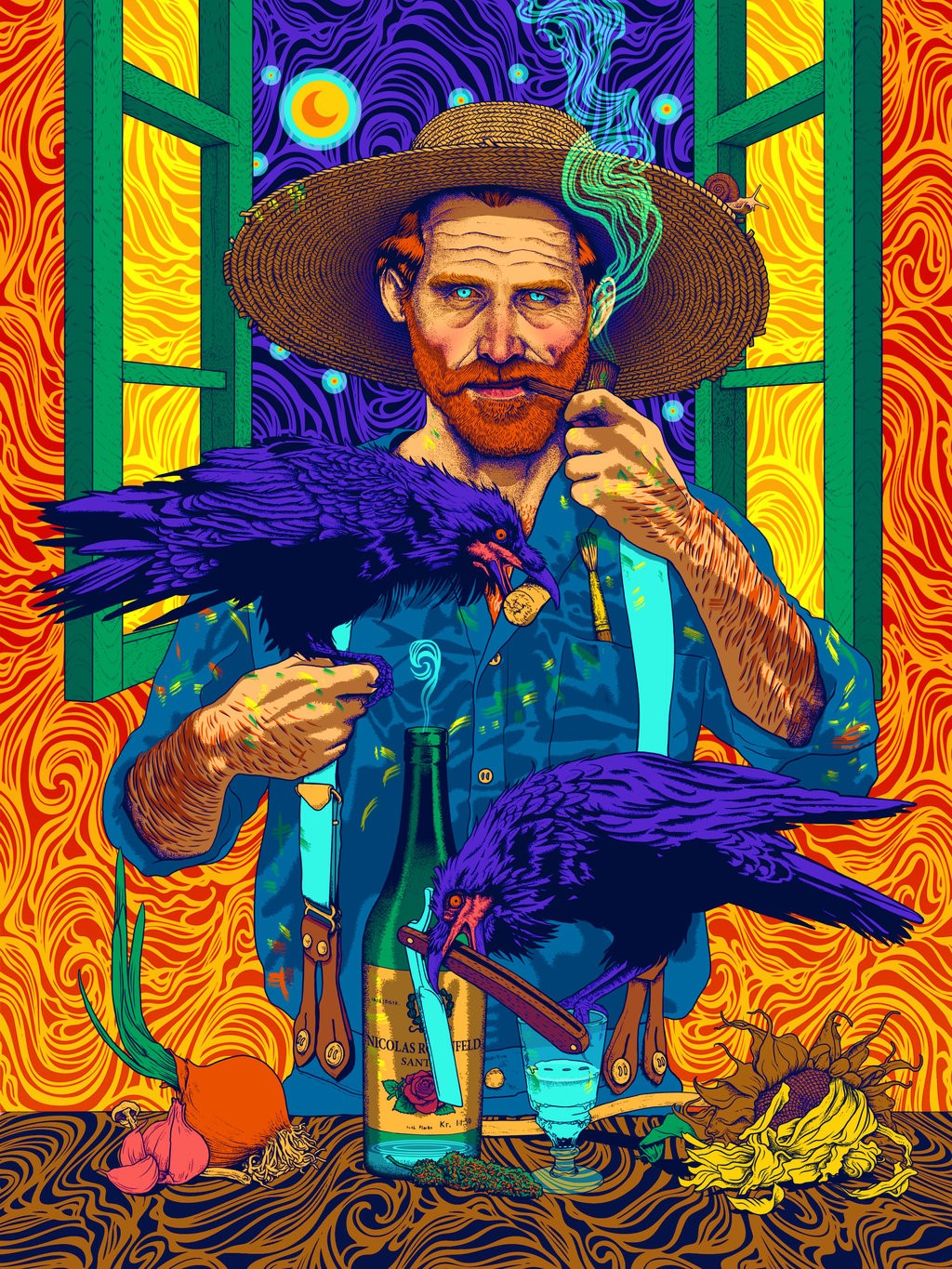 Vincent van Gogh with Crows and Bottle HD Phone Wallpaper