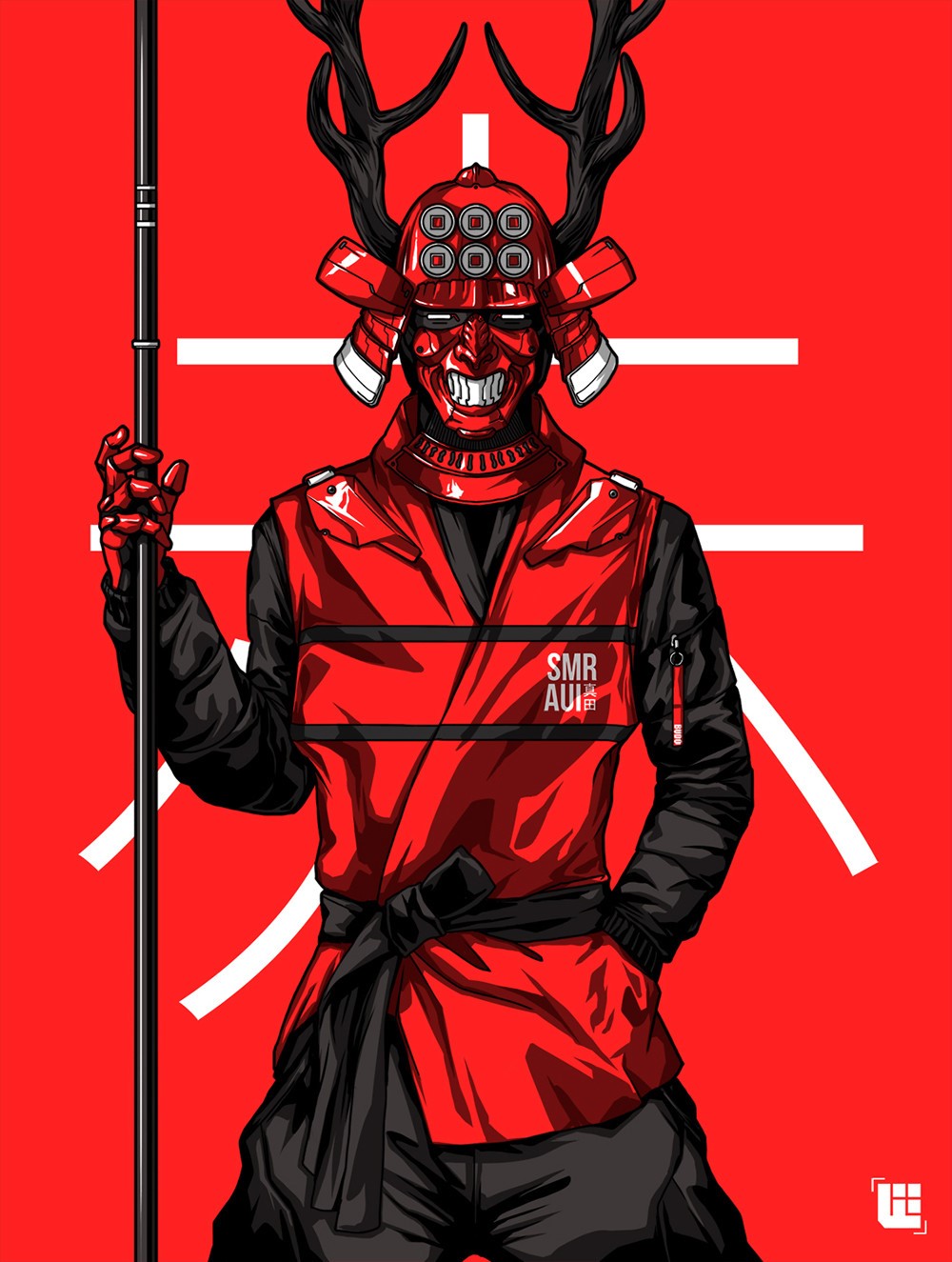 Samurai with horns and staff on red background HD Phone Wallpaper