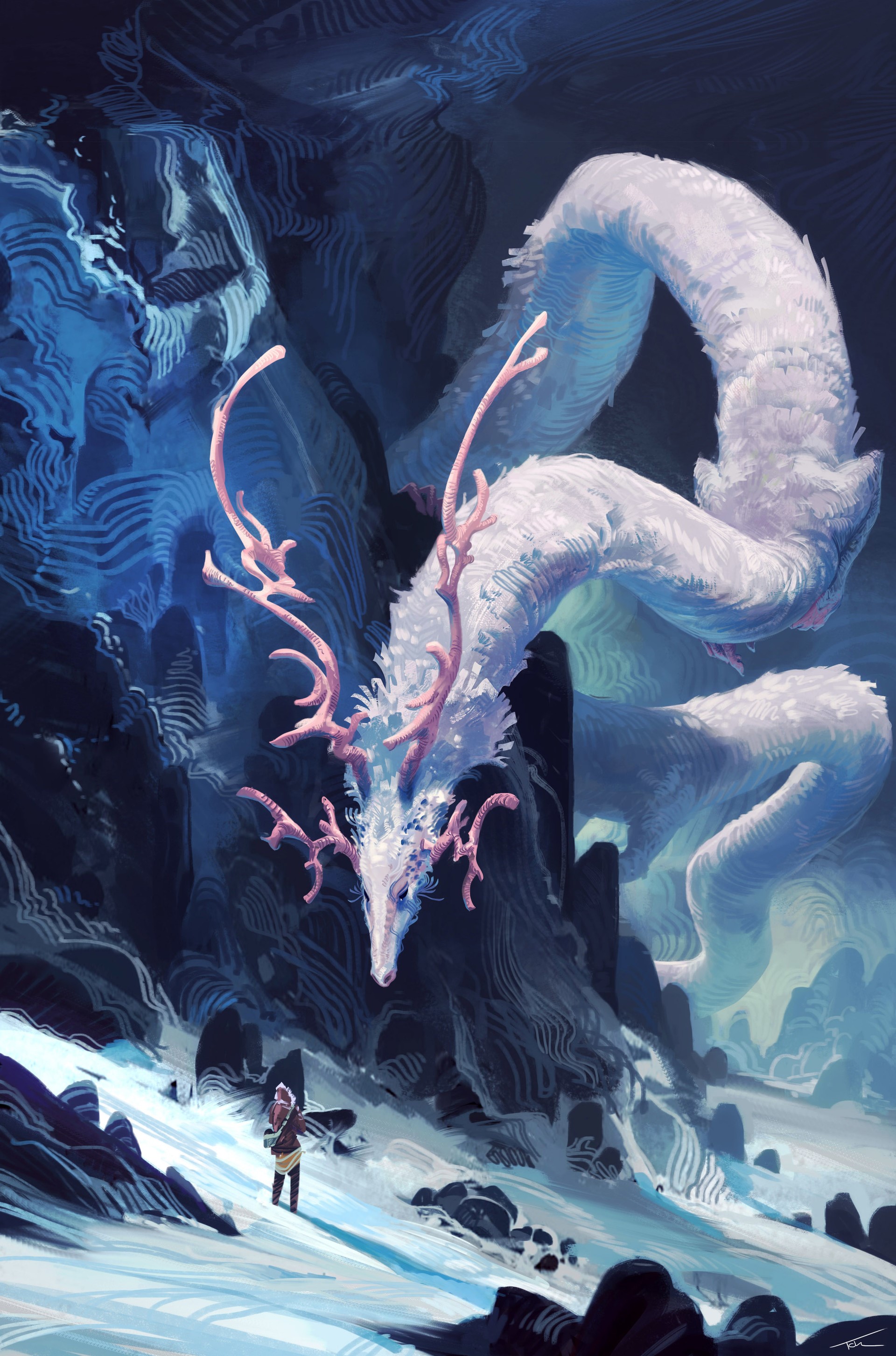 Fantasy art of a white dragon with antlers in snowy mountains HD Phone Wallpaper