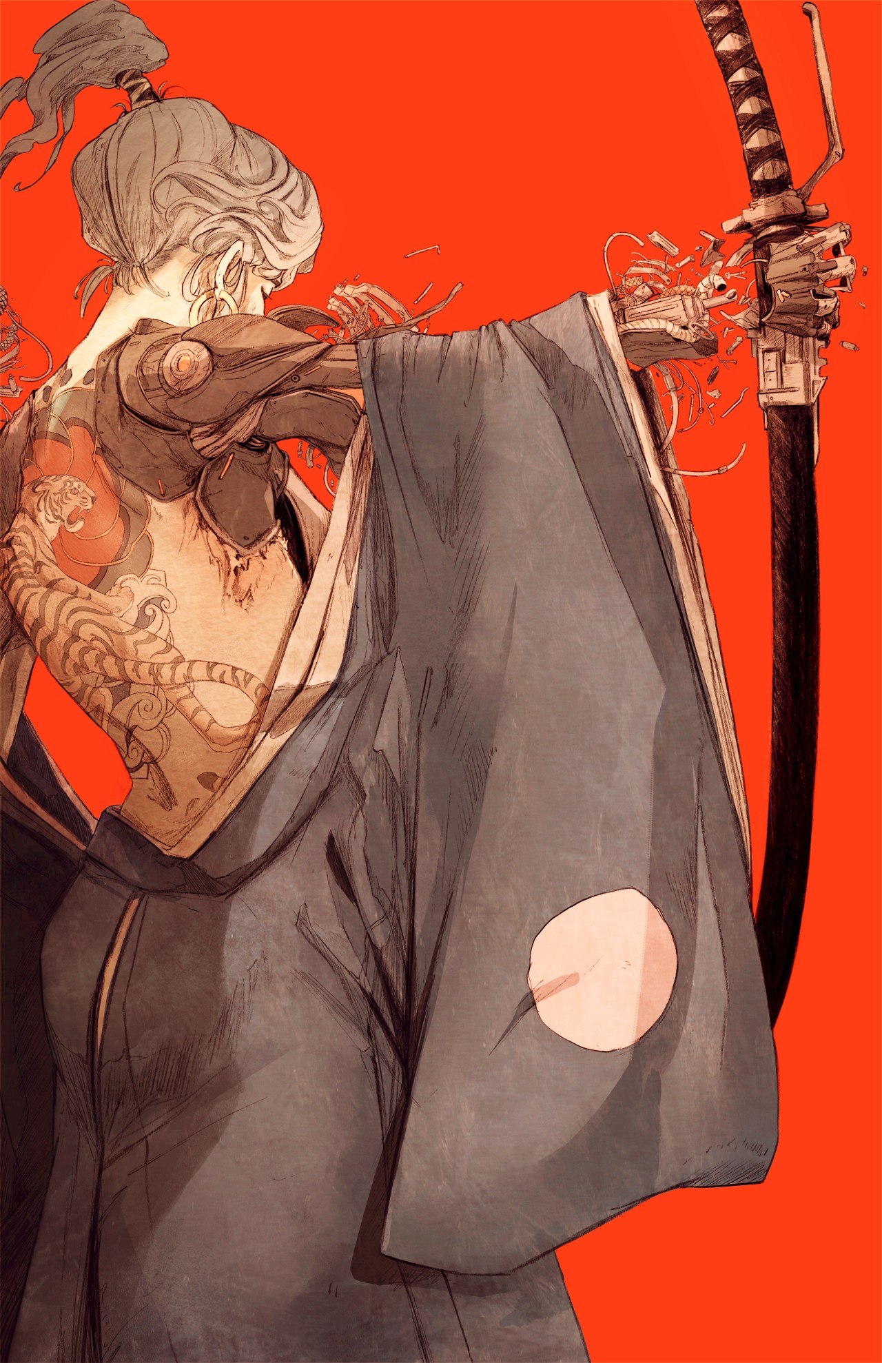 Samurai woman with cybernetics and katana HD Phone Wallpaper