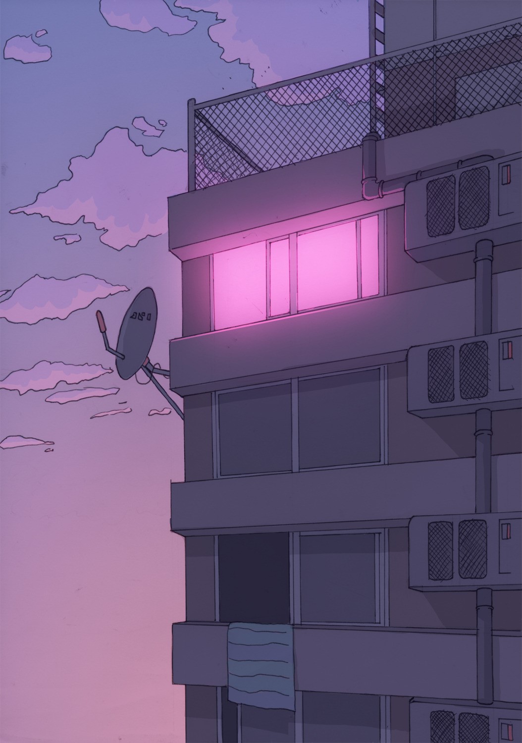 Illustration of a building with pink windows and a satellite dish HD Phone Wallpaper