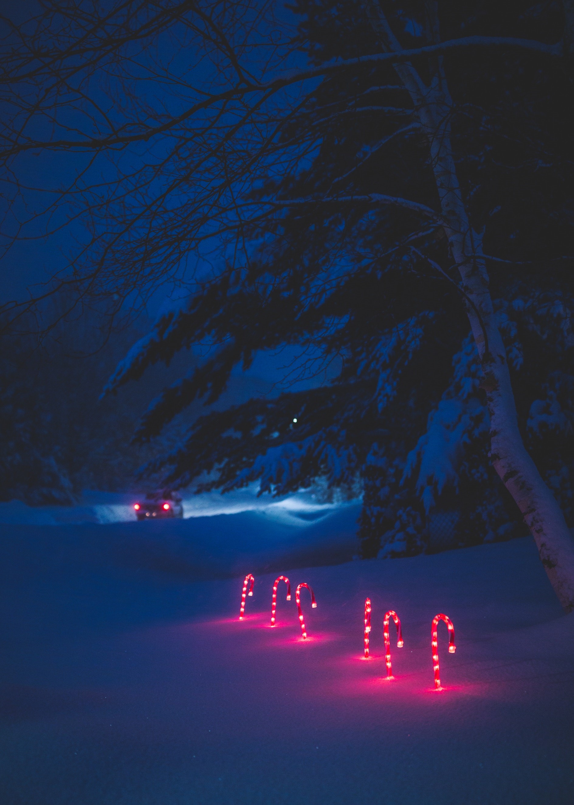Candy cane lights in snowy night with car HD Phone Wallpaper