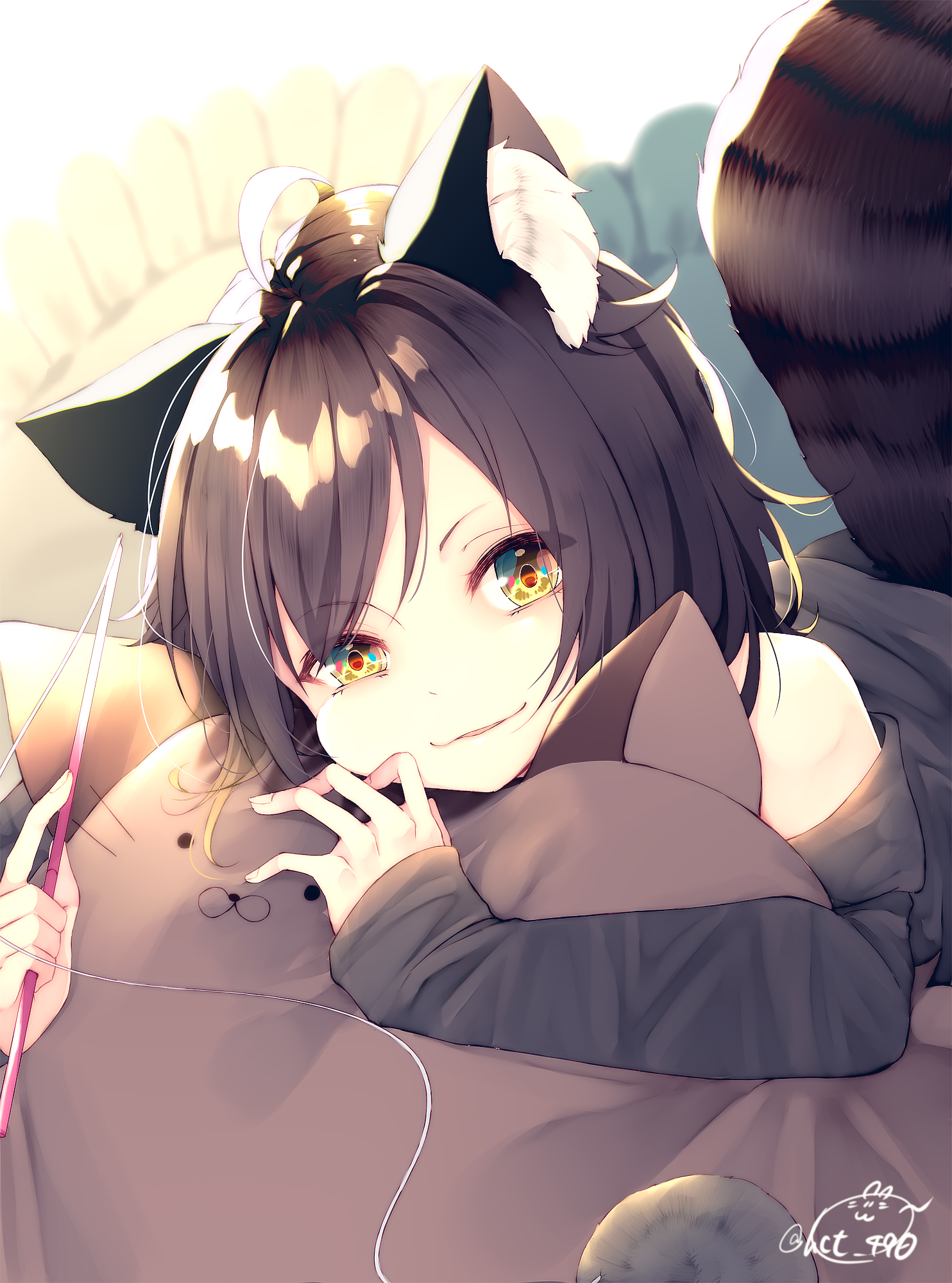 Nekomimi girl with a raccoon tail holding a toy HD Phone Wallpaper