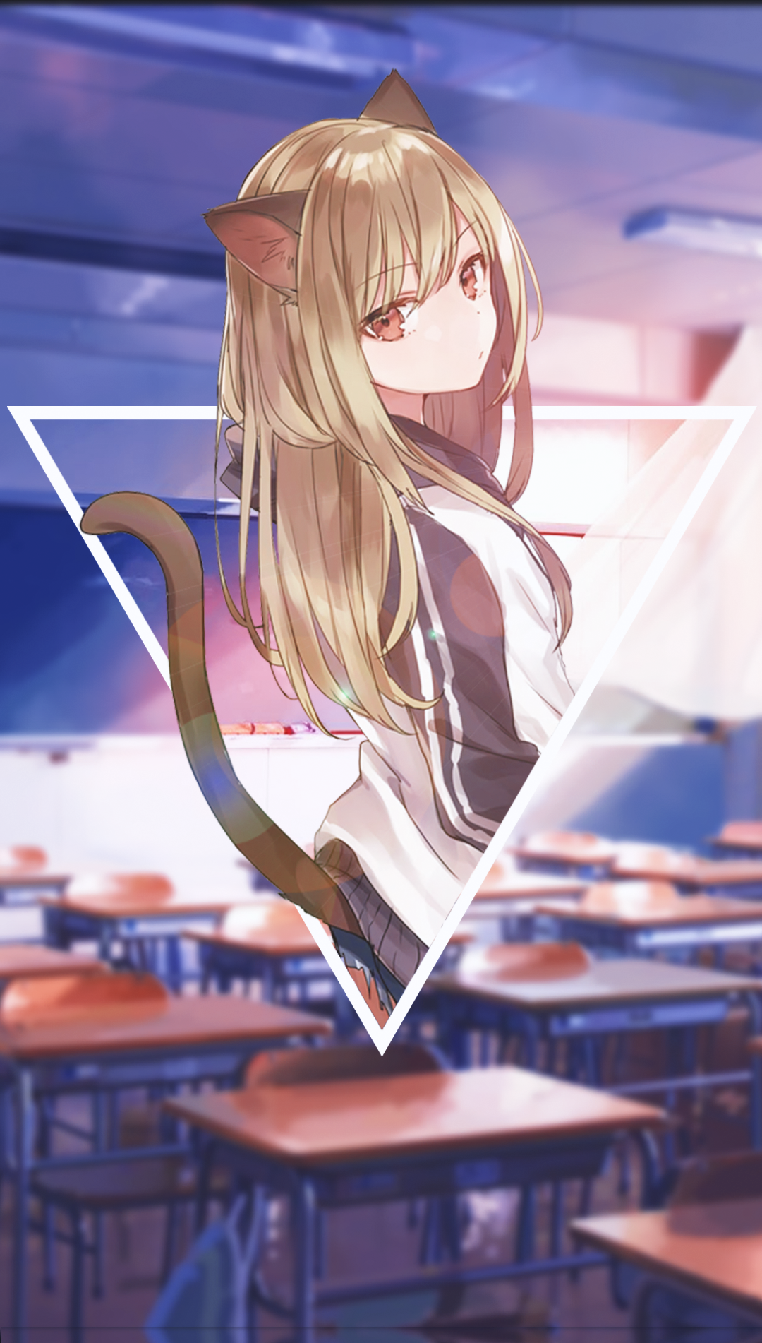 Anime girl with cat ears and tail in a classroom HD Phone Wallpaper