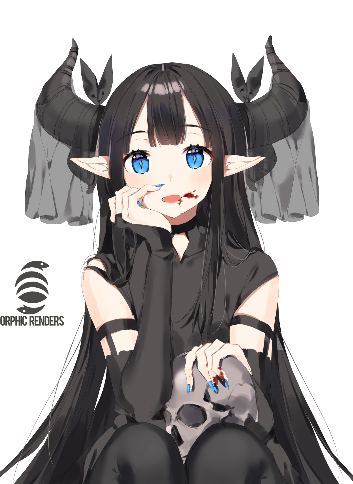 Anime girl with horns and blue eyes holding a skull HD Phone Wallpaper