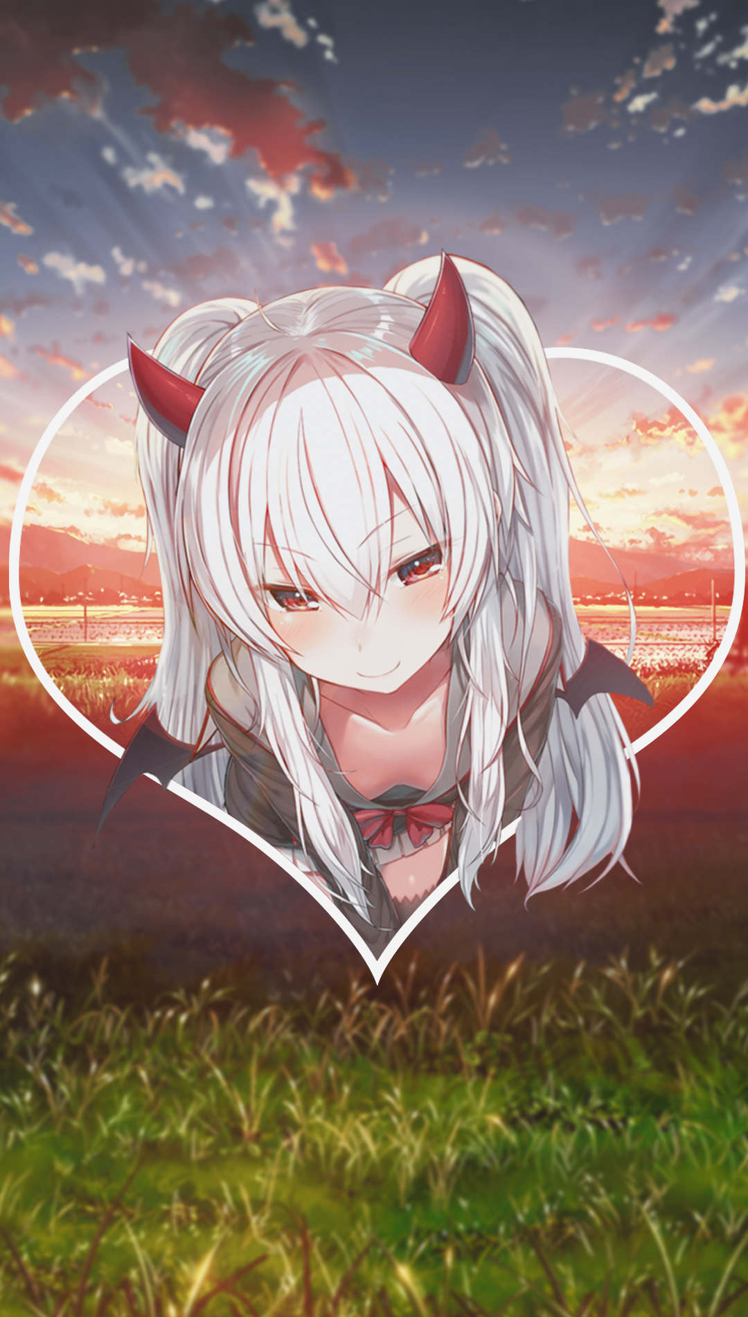Anime girl with white hair and red horns HD Phone Wallpaper