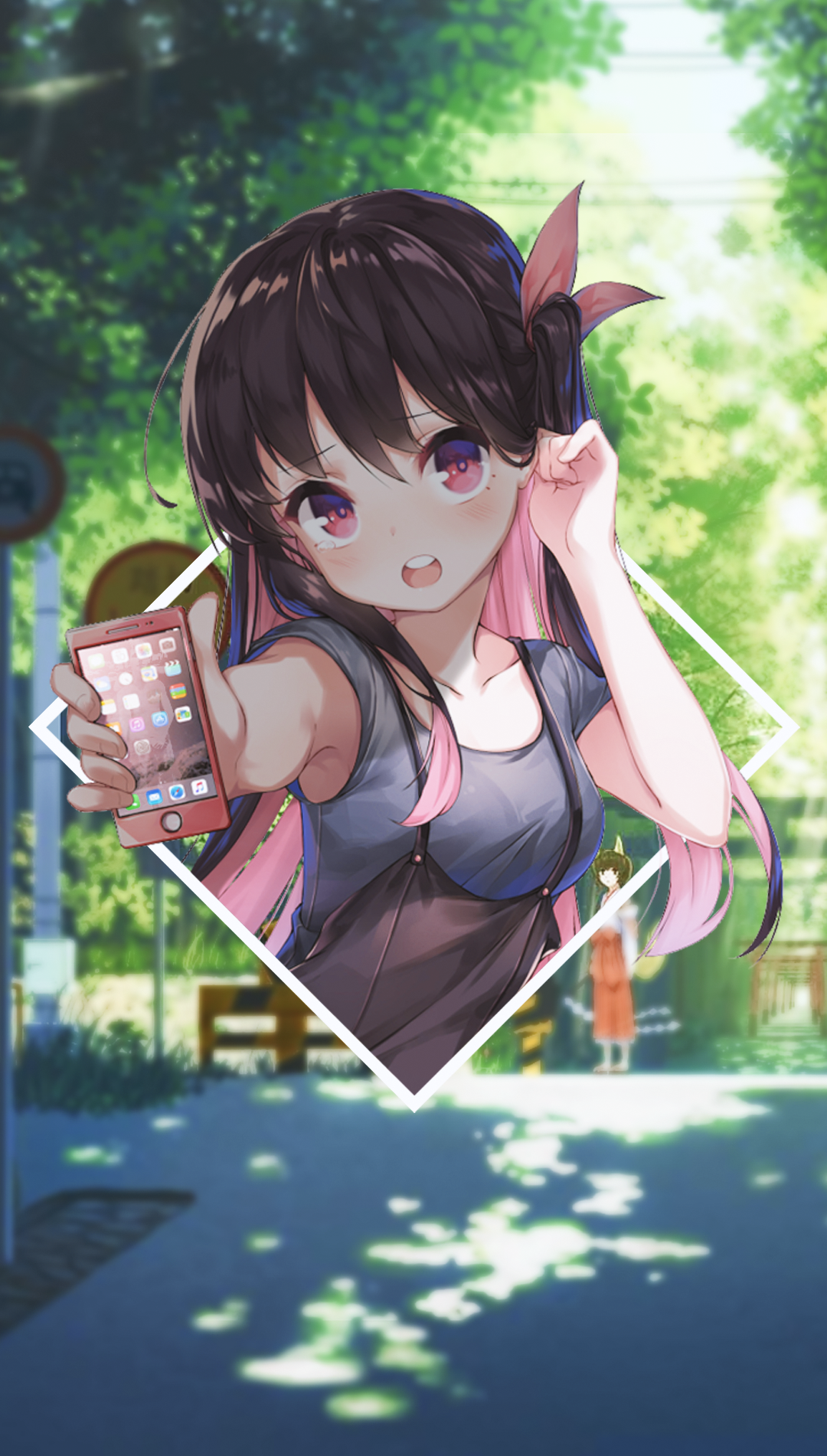 Anime girl holding a smartphone HD Phone Wallpaper