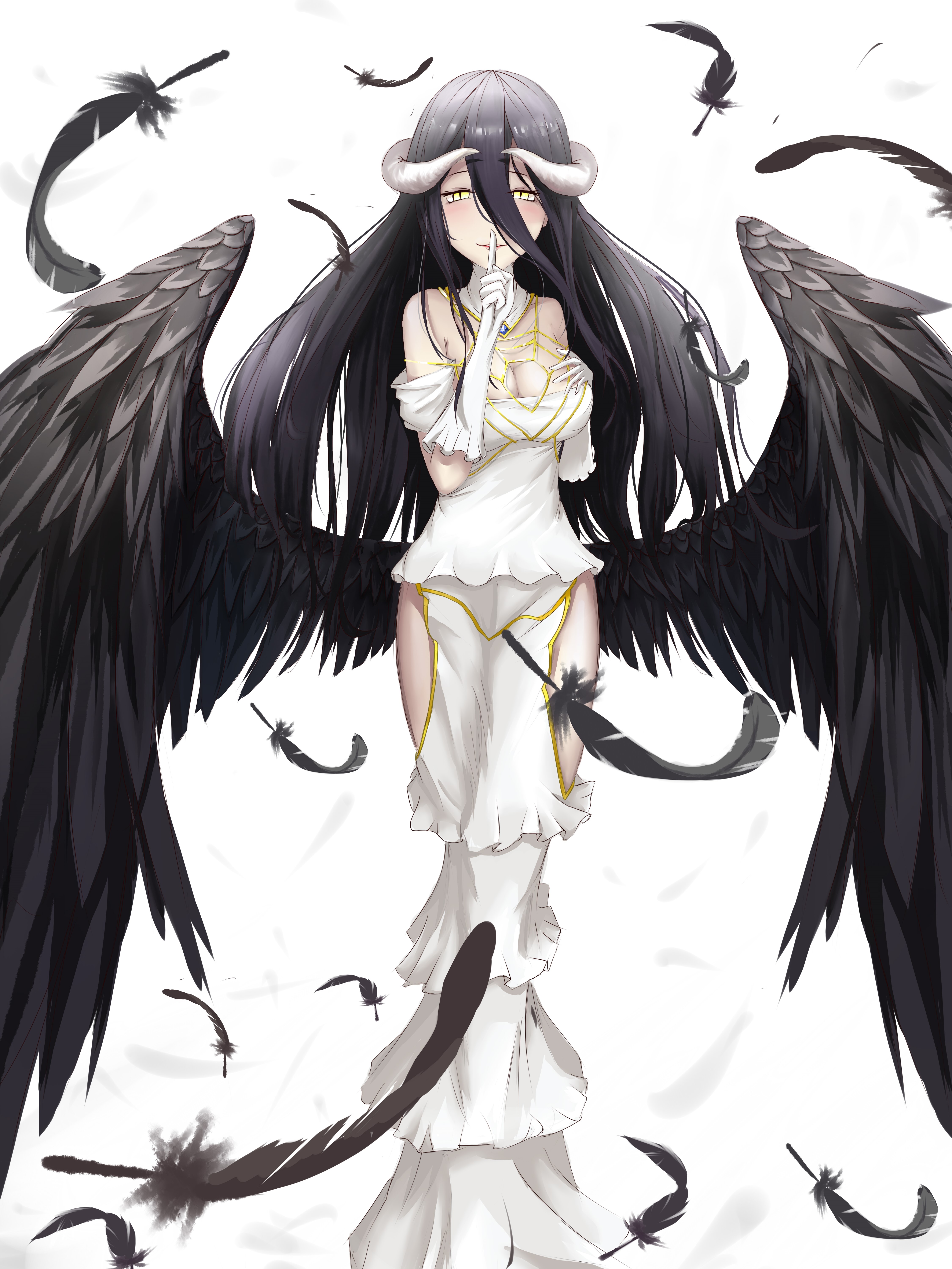 Albedo from Overlord with black wings and white dress HD Phone Wallpaper