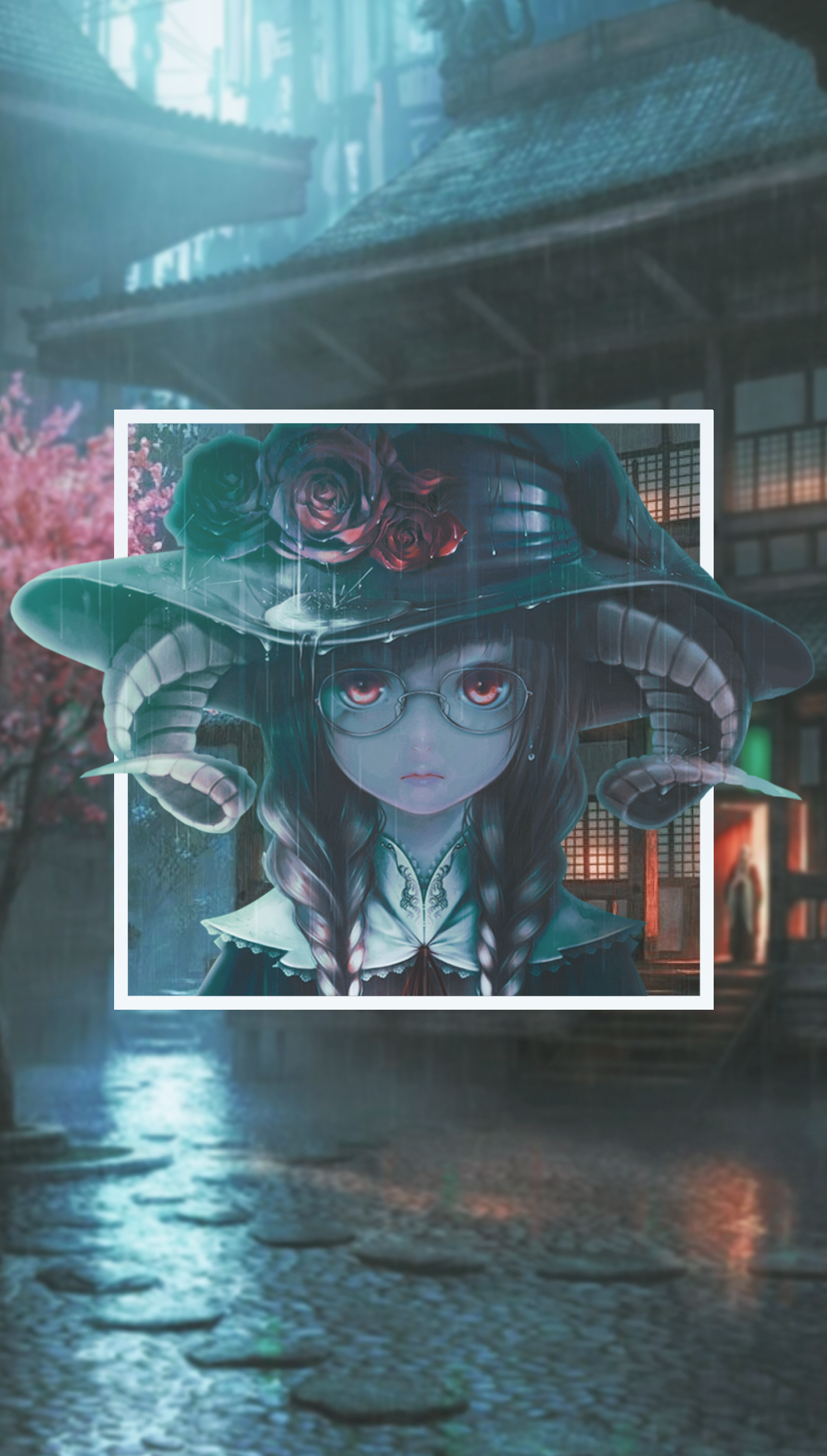 Anime girl with horns and roses on hat in rain HD Phone Wallpaper