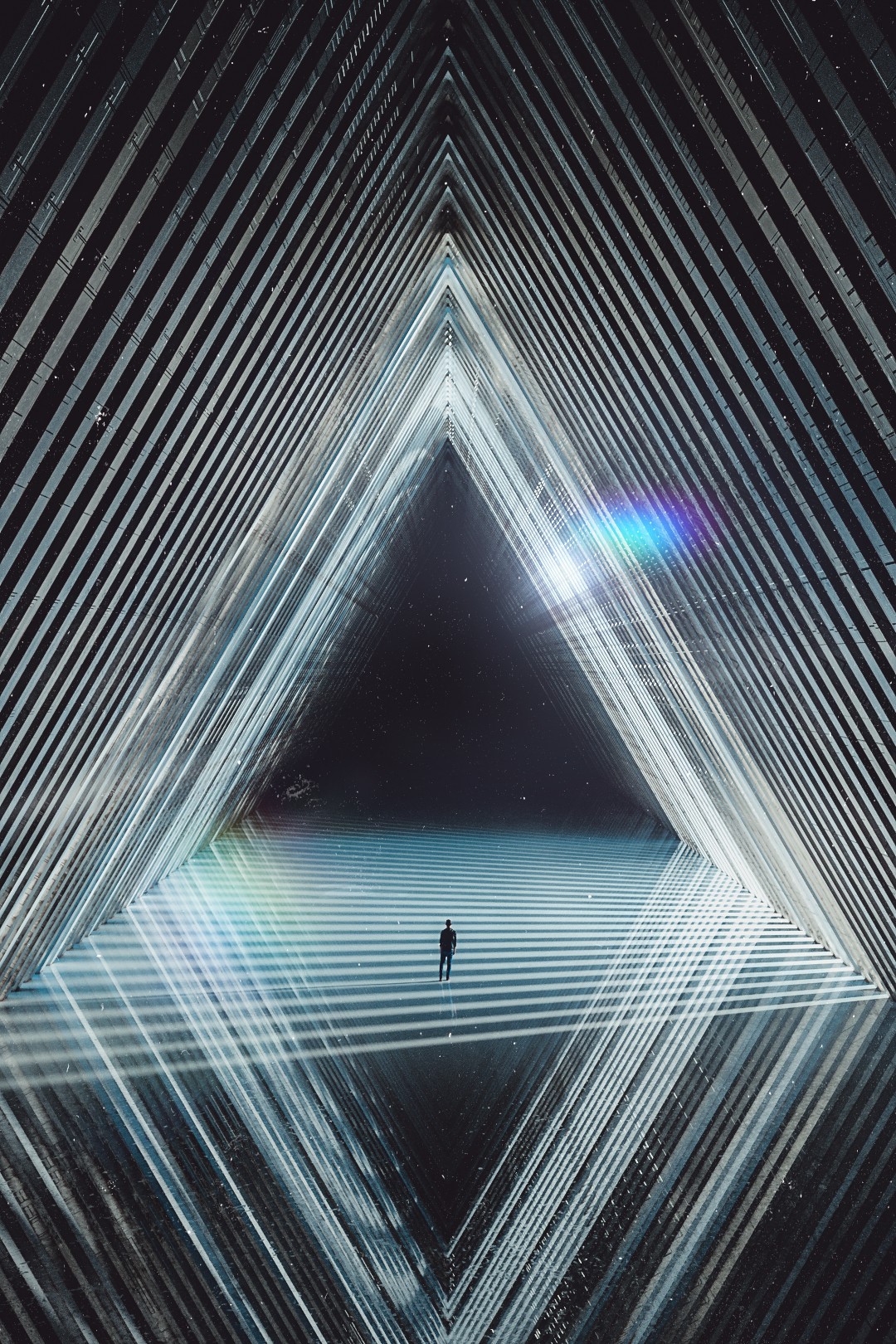 Man standing in a futuristic triangular tunnel HD Phone Wallpaper