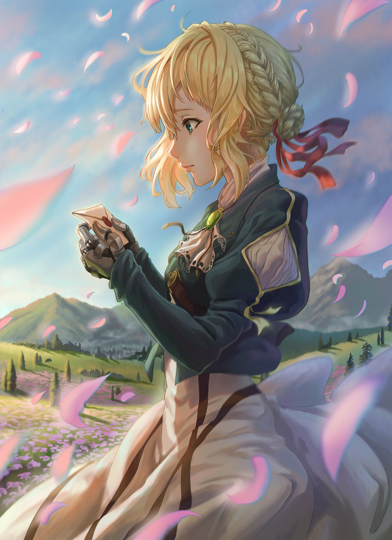 Violet Evergarden holding a letter in a field HD Phone Wallpaper