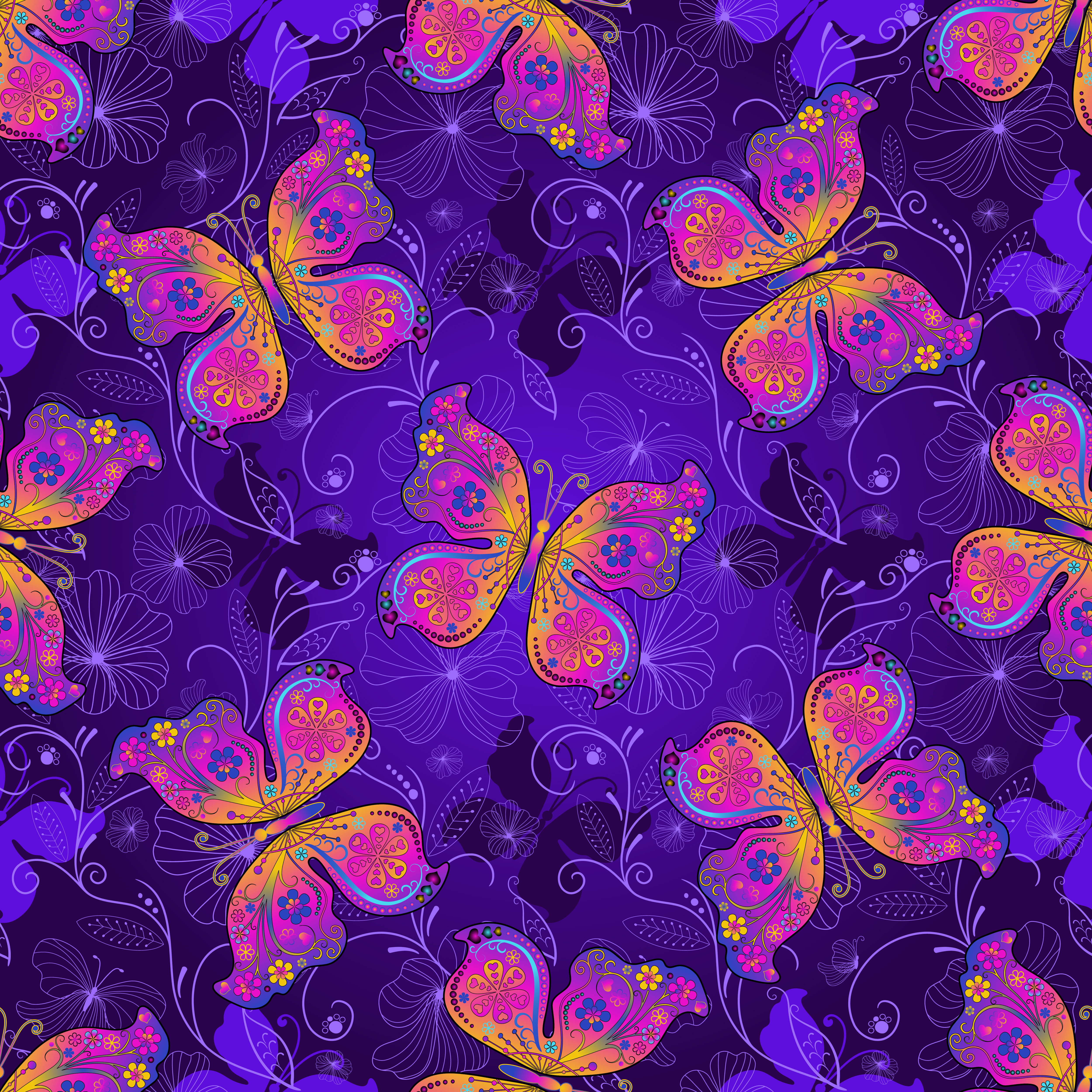 Neon Butterflies with Floral Patterns on Purple Background HD Wallpaper