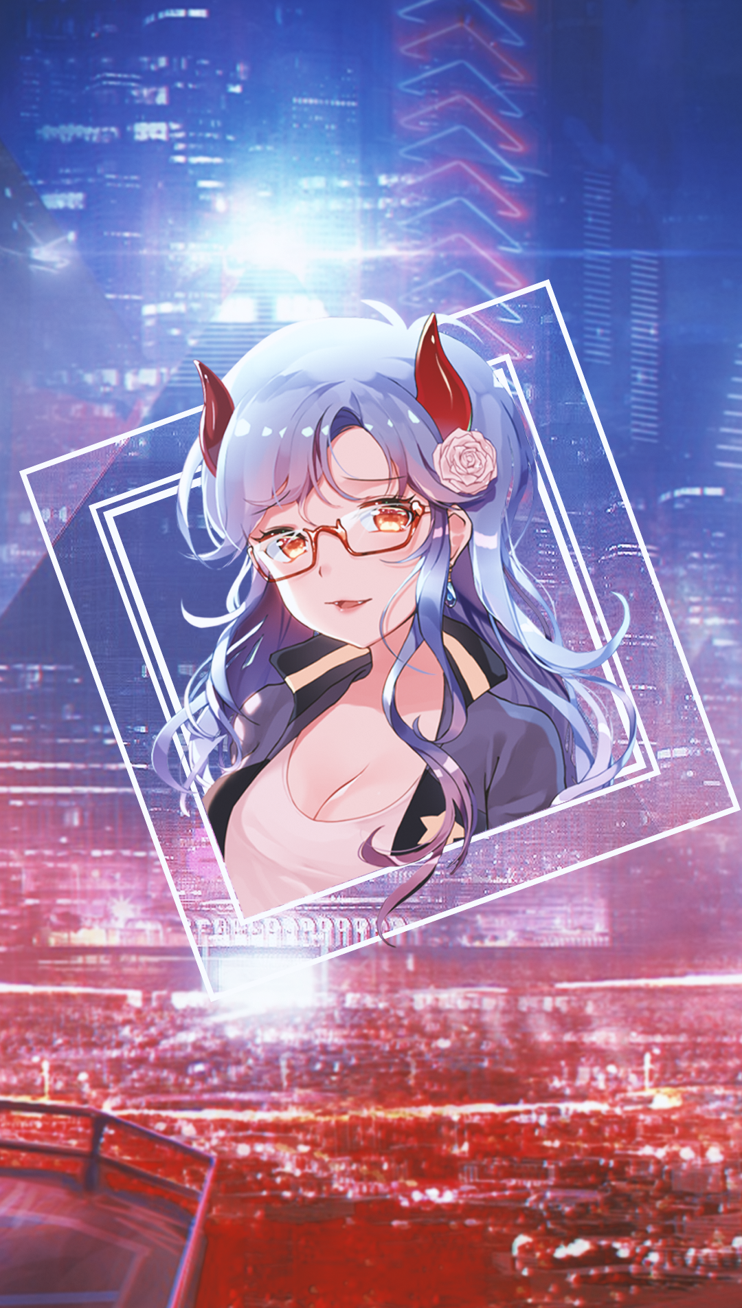 Anime girl with blue hair and glasses in a city HD Phone Wallpaper