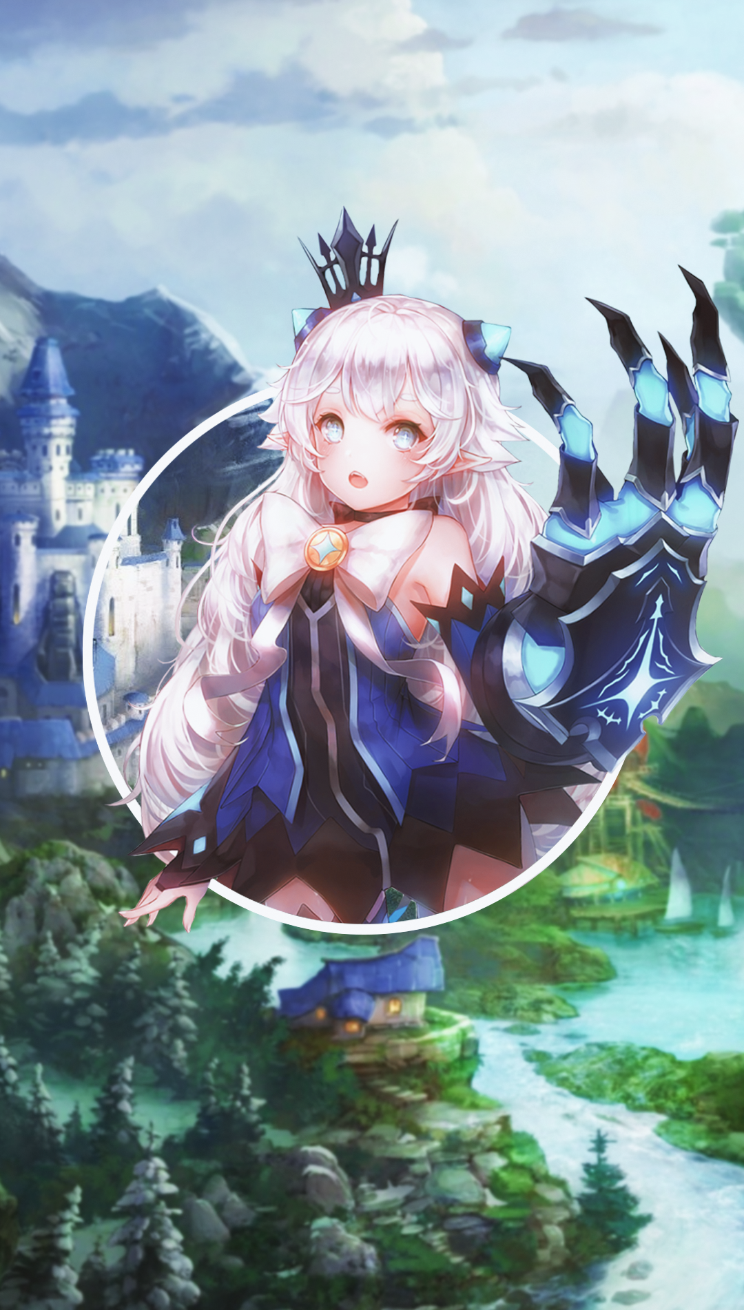 Anime girl with white hair and blue dress in fantasy landscape HD Phone Wallpaper