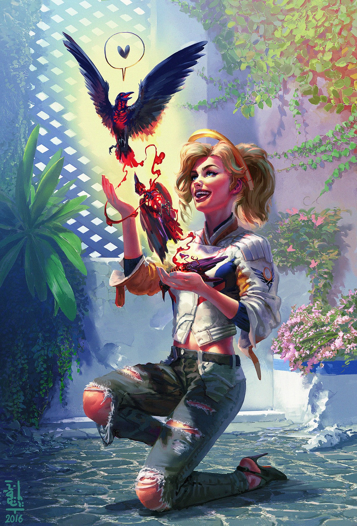Mercy from Overwatch with a crow in a garden HD Phone Wallpaper