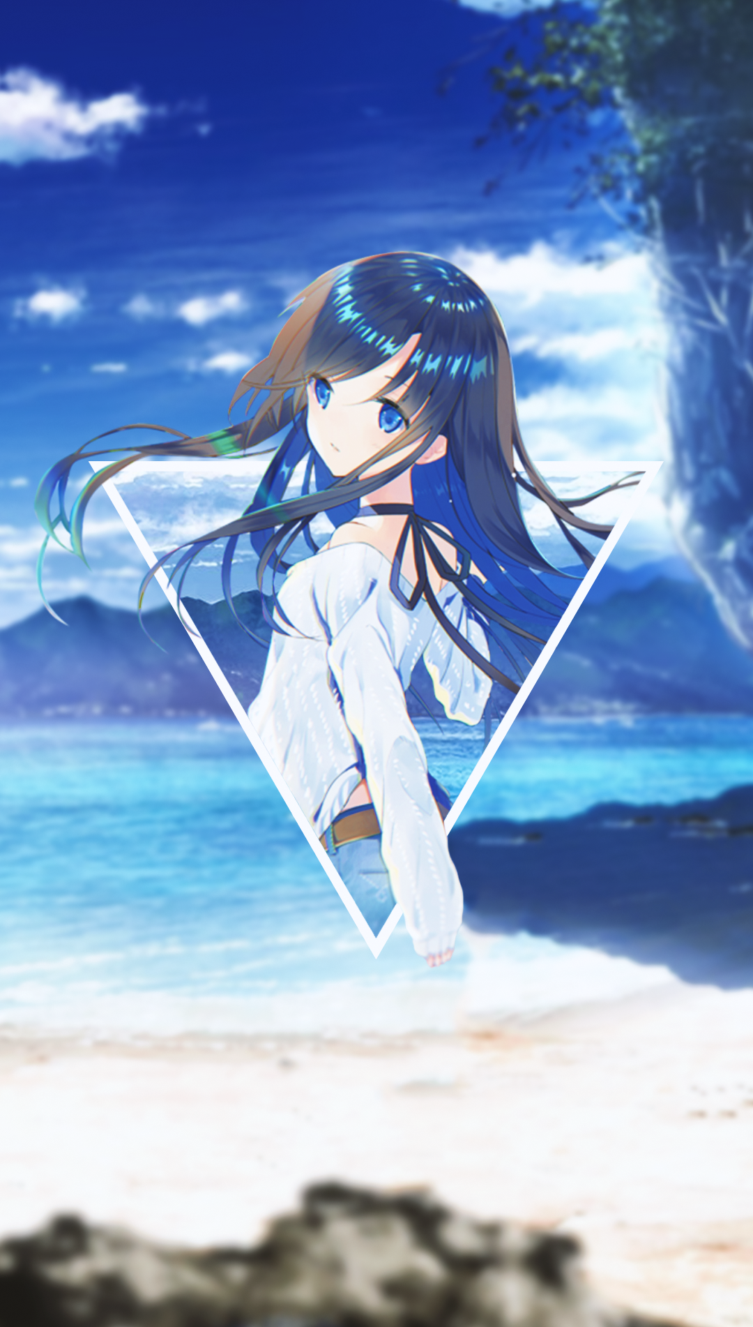 Anime girl on a beach with mountains HD Phone Wallpaper