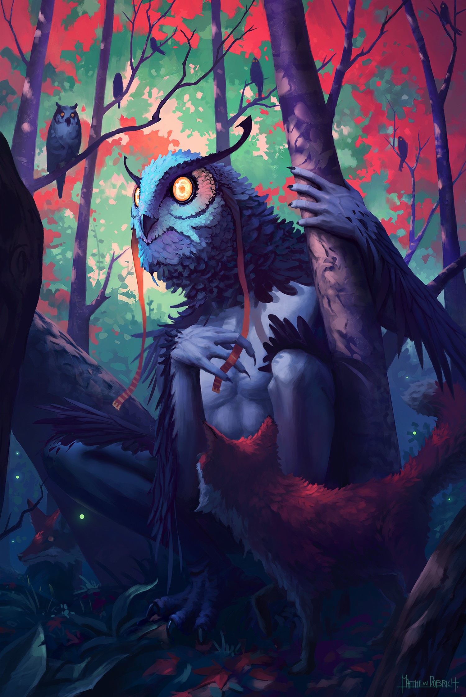 Owl-humanoid creature with foxes in a forest HD Phone Wallpaper