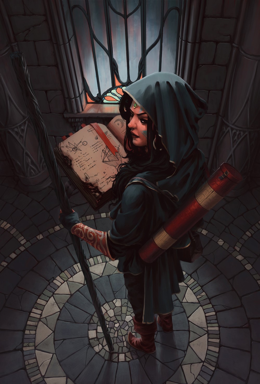 Woman in hood reading a book in a cathedral HD Phone Wallpaper
