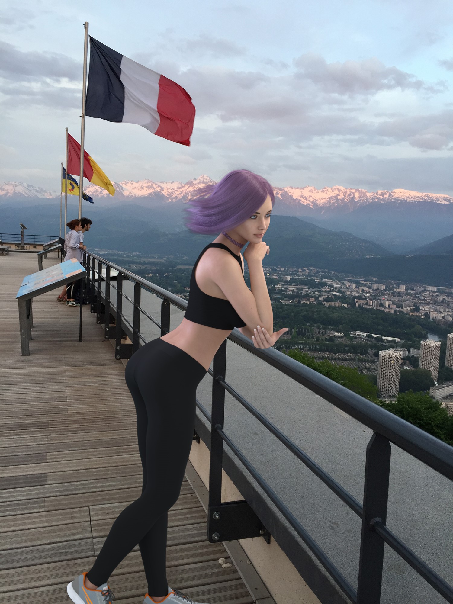 Woman with purple hair overlooking Grenoble, France HD Phone Wallpaper