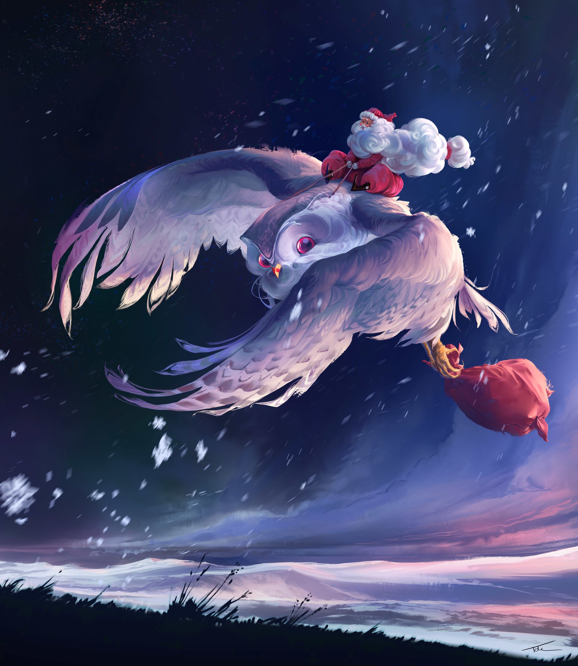 Santa Claus riding an owl with a gift bag HD Phone Wallpaper