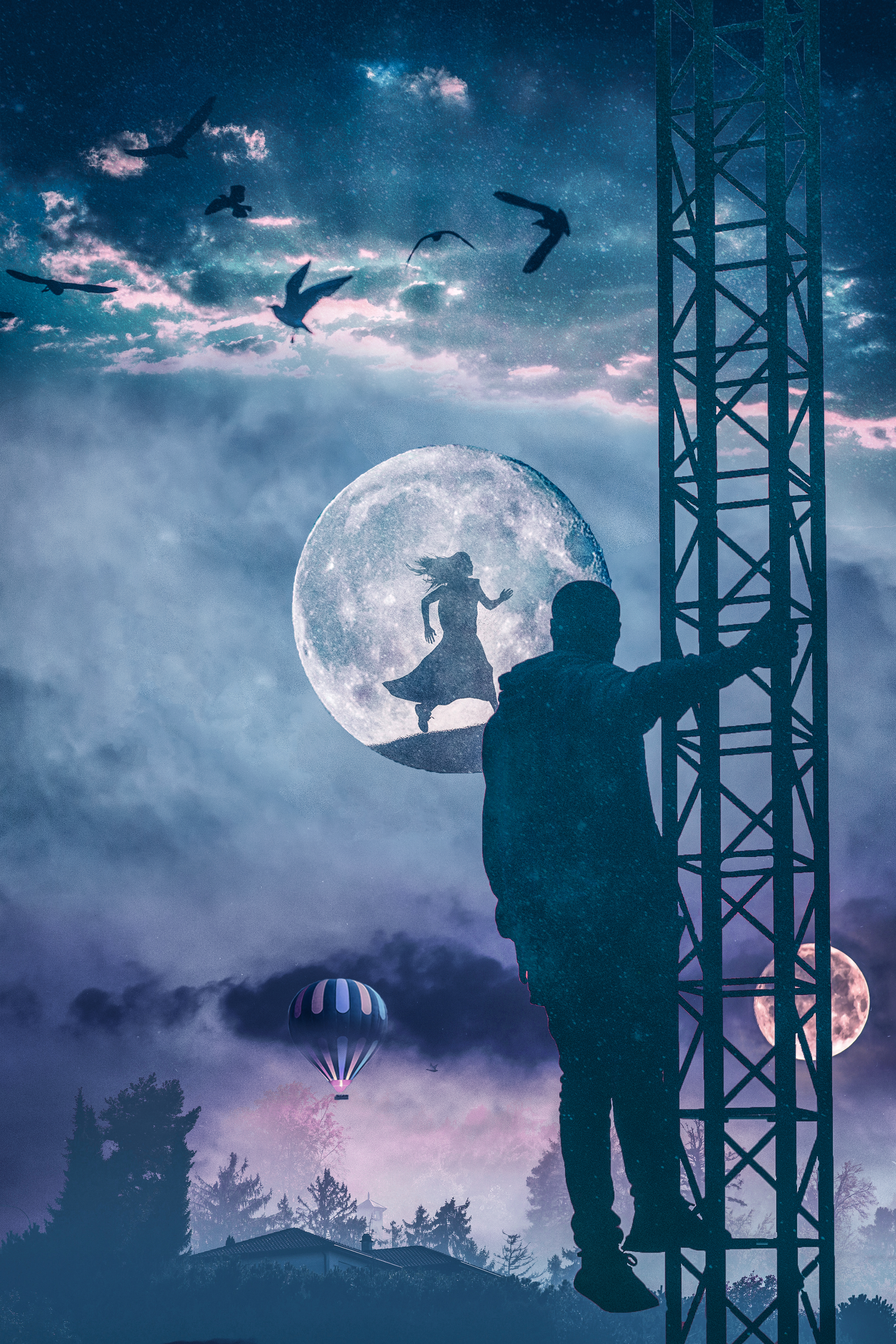 Man climbing tower with dream girl in moon HD Wallpaper