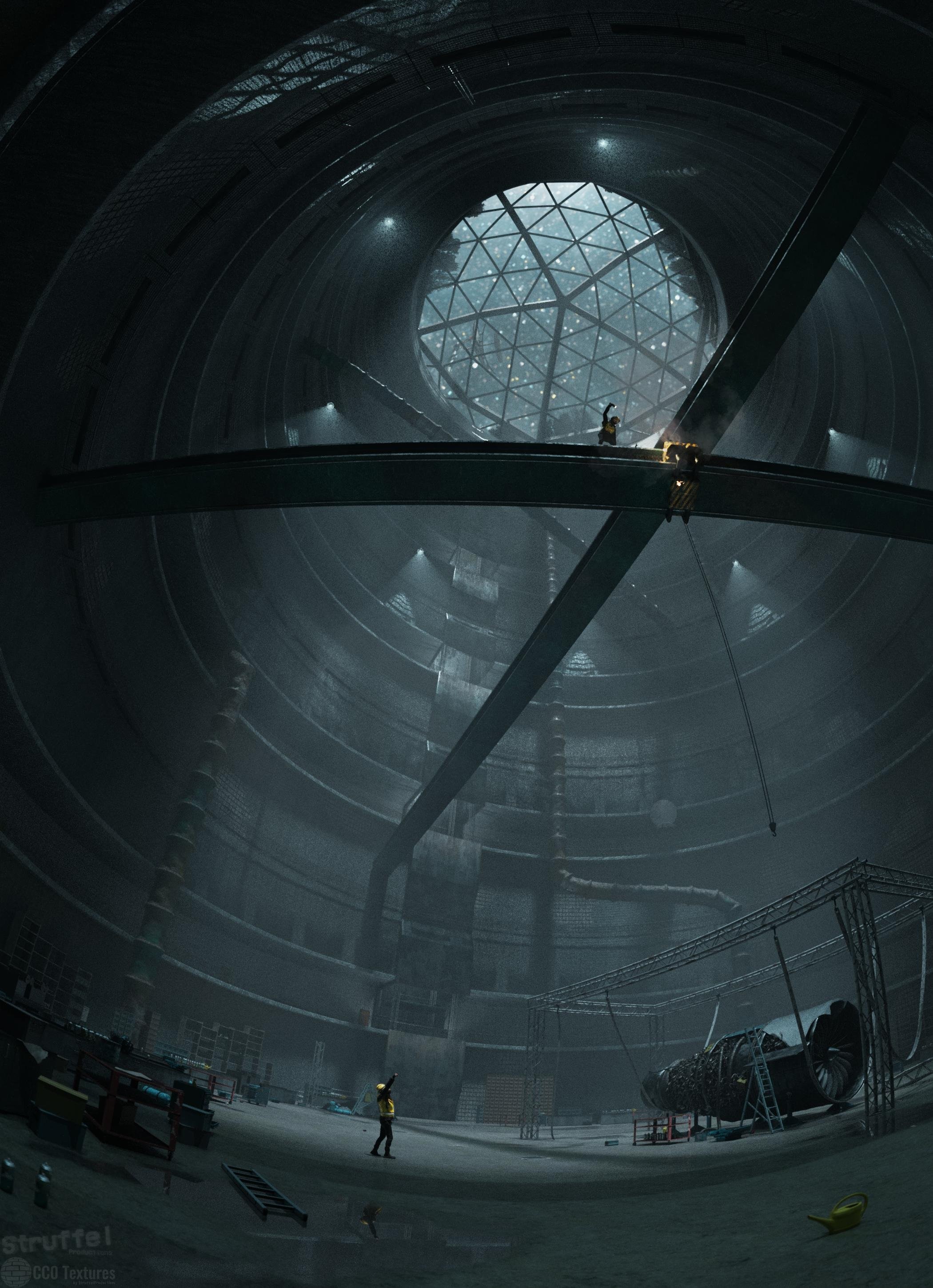 Construction of a large cylindrical structure with a geodesic dome ceiling HD Phone Wallpaper