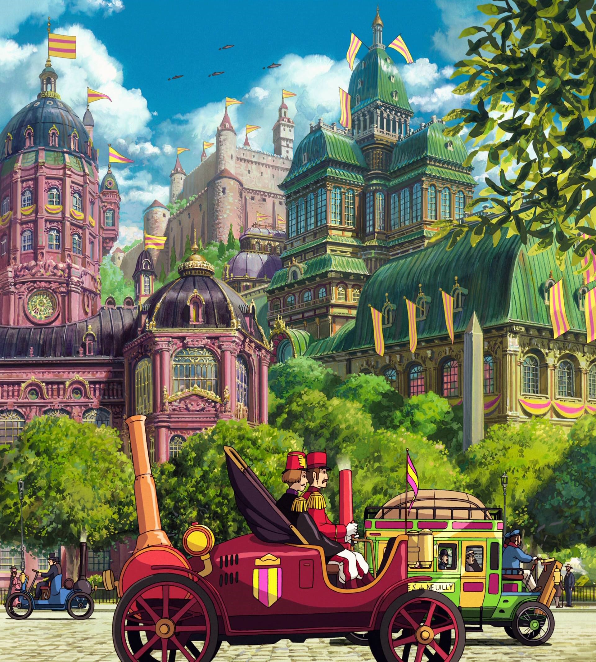 Studio Ghibli anime city with vintage vehicles HD Phone Wallpaper