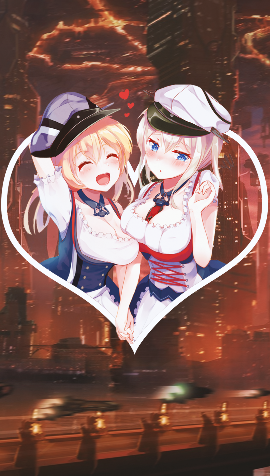 Two anime girls holding hands in a heart frame HD Phone Wallpaper