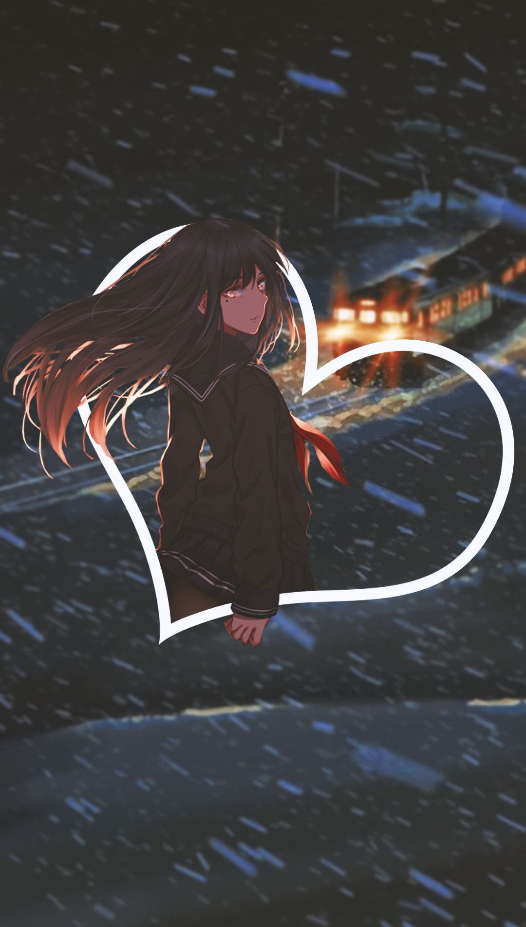 Anime girl in a heart frame with a train station background HD Phone Wallpaper
