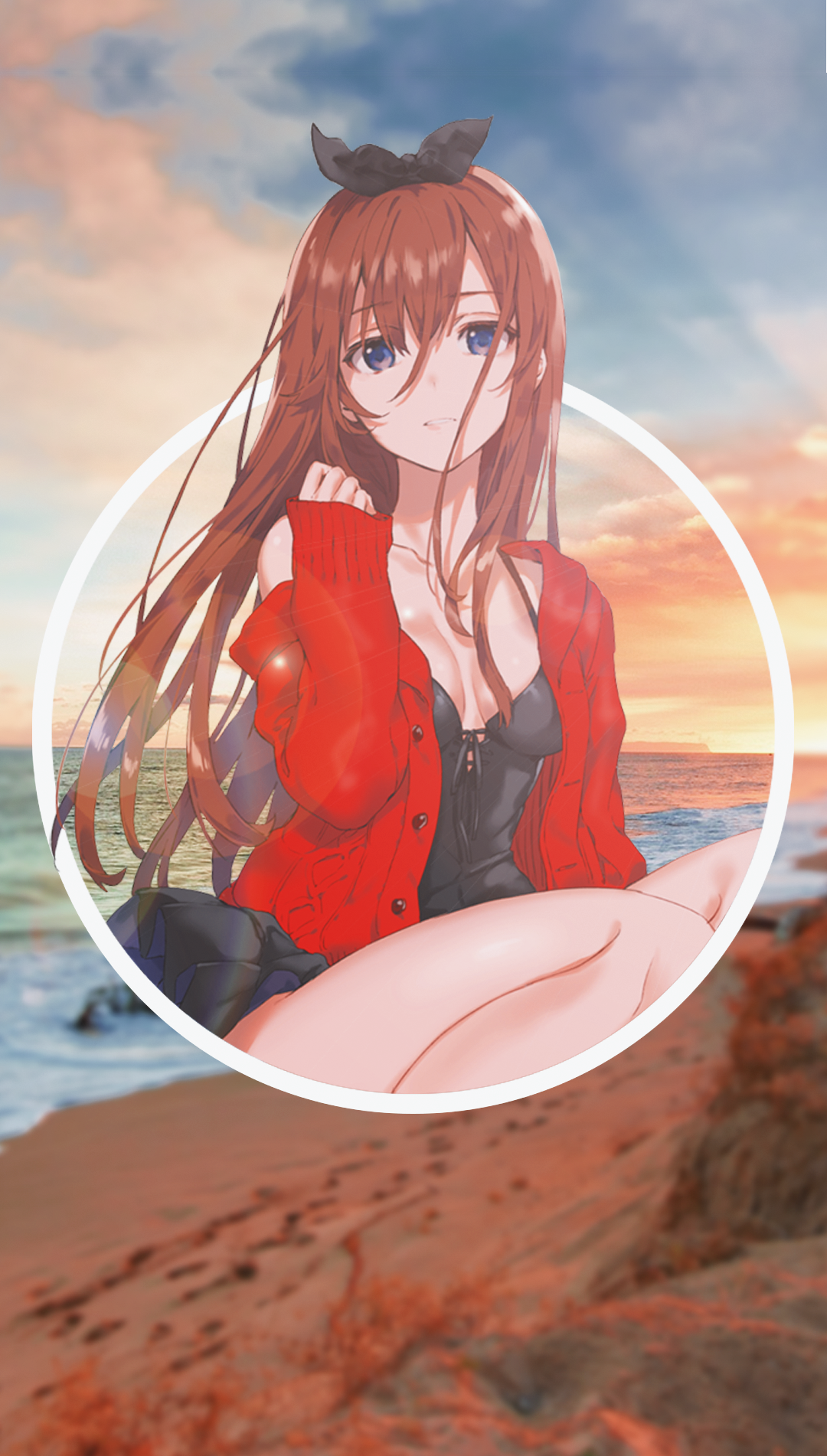 Anime girl in red cardigan on beach at sunset HD Phone Wallpaper