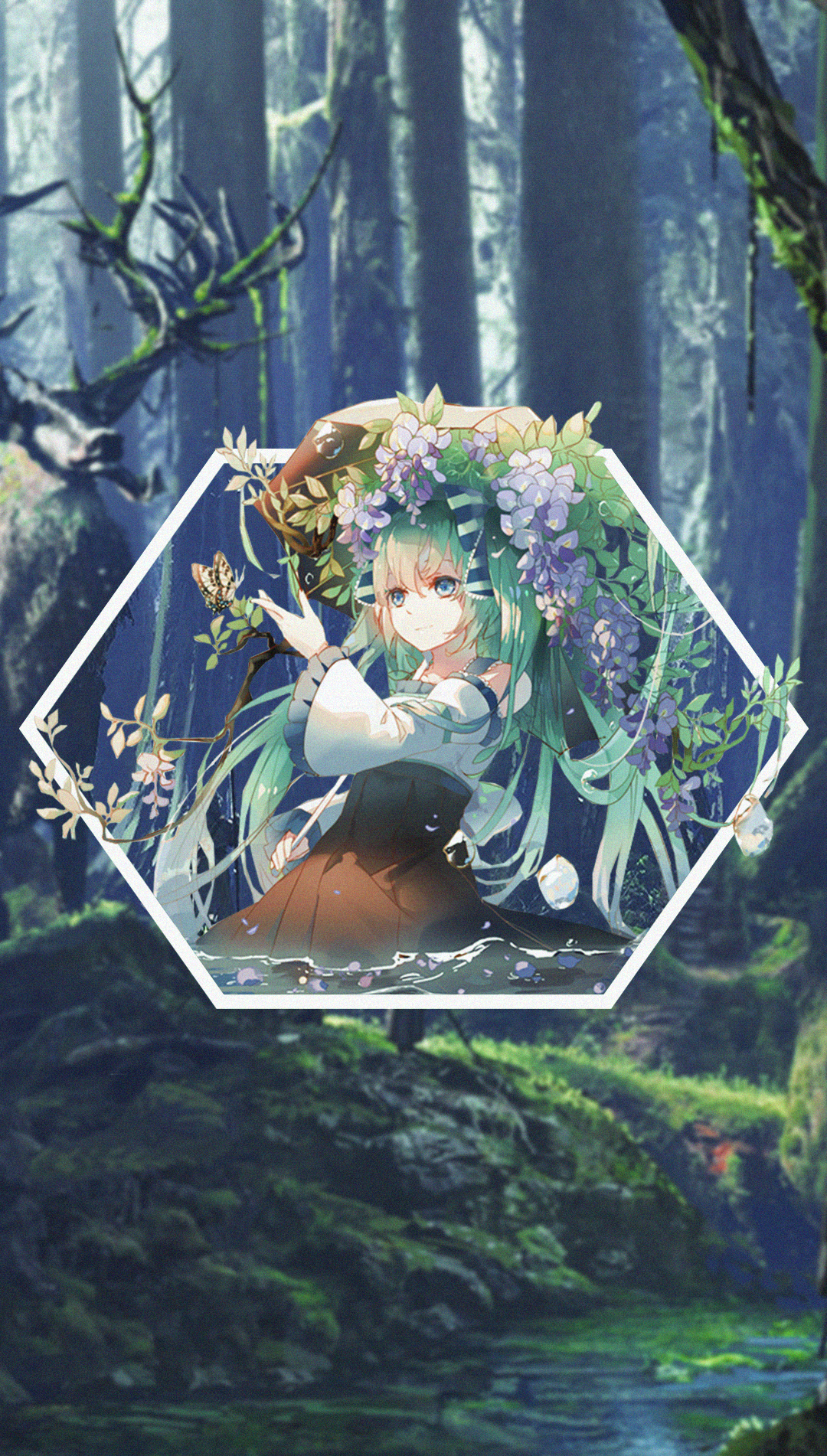 Anime girl with green hair and flowers in a forest HD Phone Wallpaper