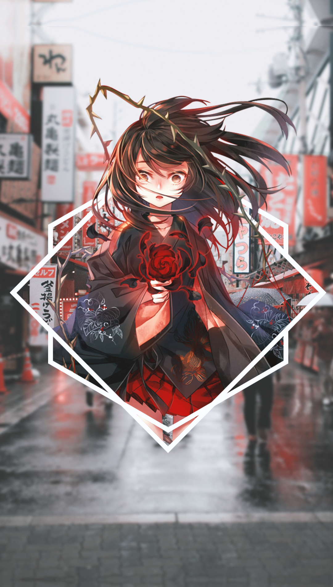Anime girl with rose and thorns in Japanese street HD Phone Wallpaper
