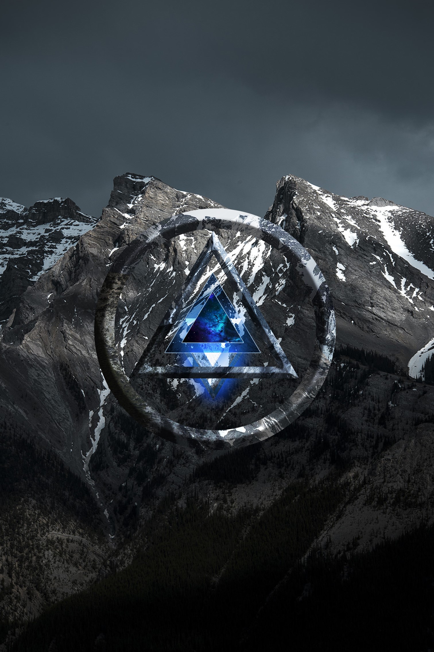 Digital art triangle and circle over mountains HD Phone Wallpaper