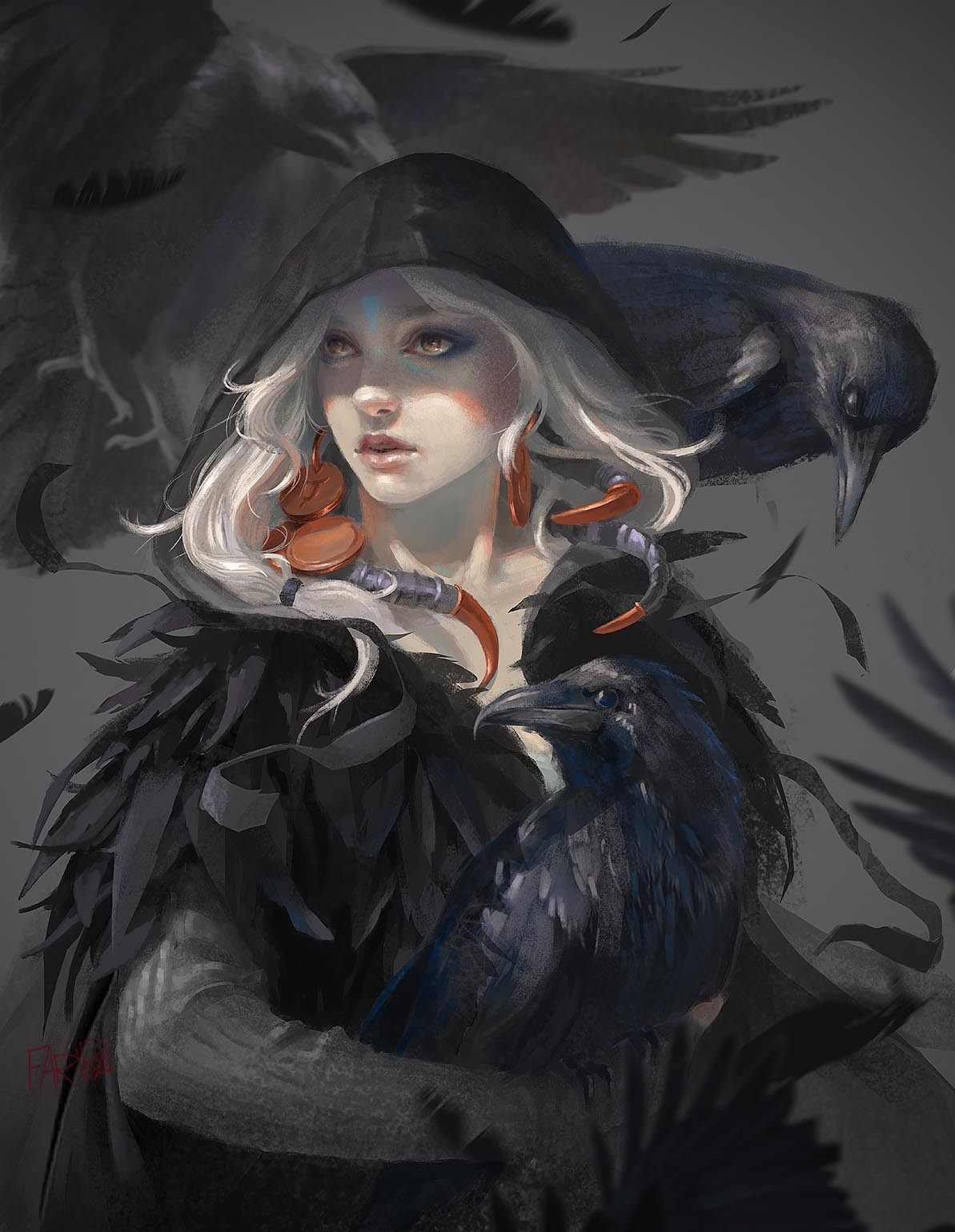 Woman with white hair and crows HD Phone Wallpaper