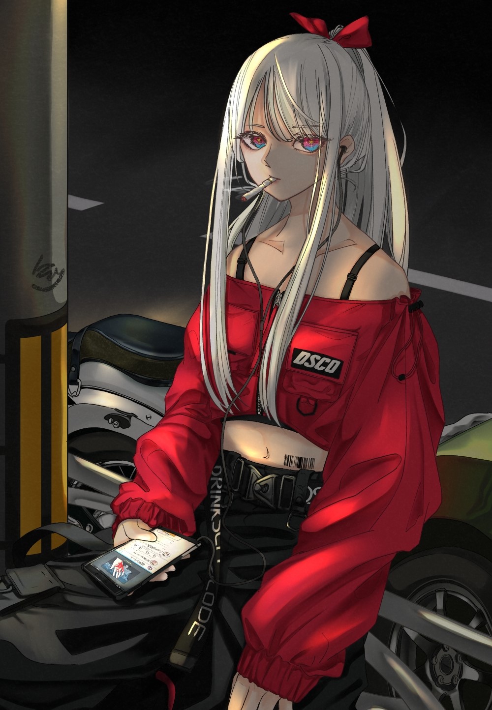 Stylish Anime Girl with Motorcycle at Night HD Phone Wallpaper
