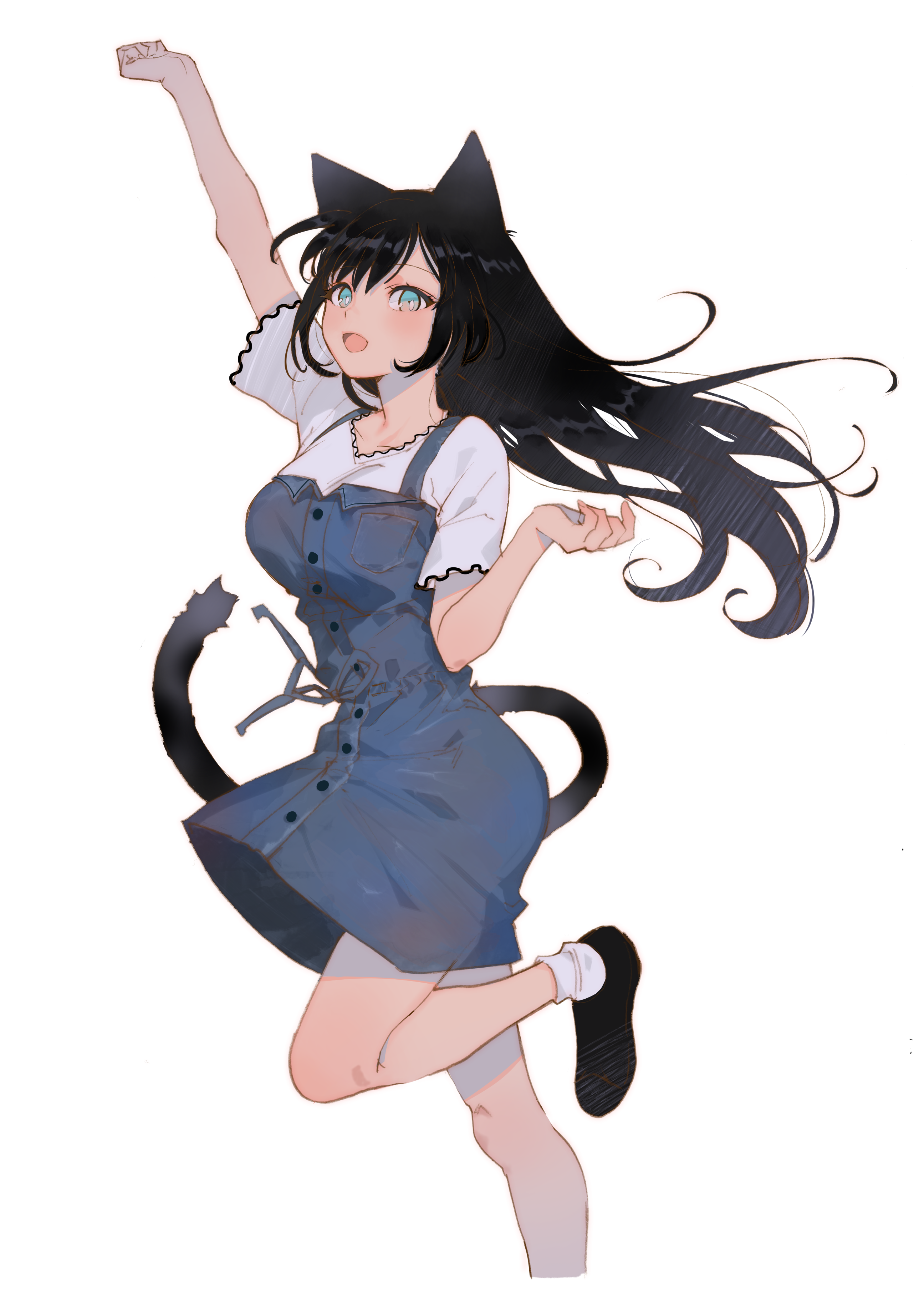 Cat girl in a blue dress jumping HD Phone Wallpaper