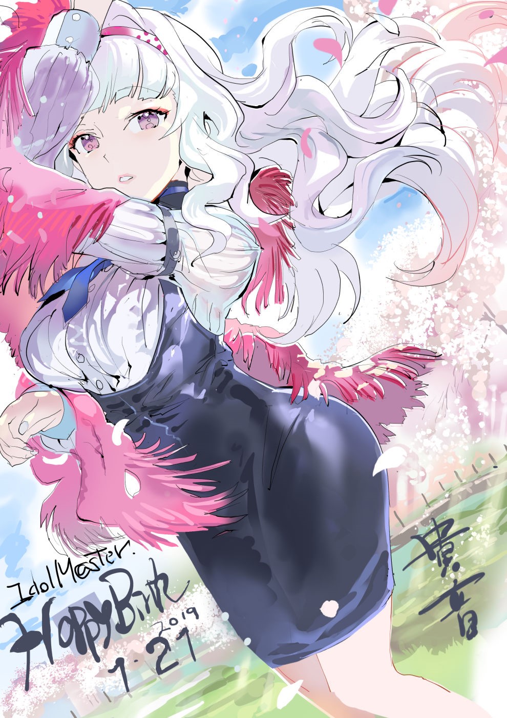 Anime girl with white hair and pink feathers HD Phone Wallpaper