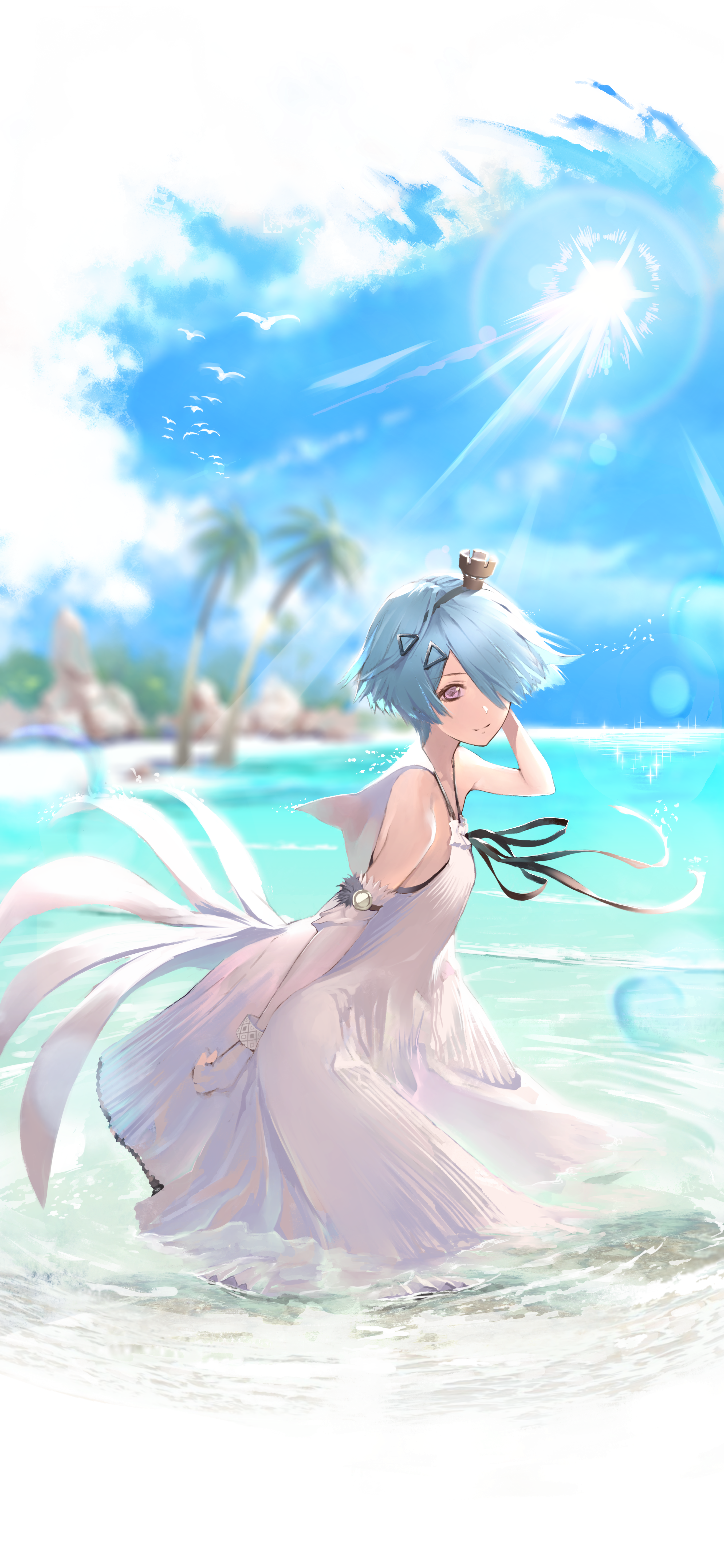 Anime girl in white dress on a beach HD Phone Wallpaper